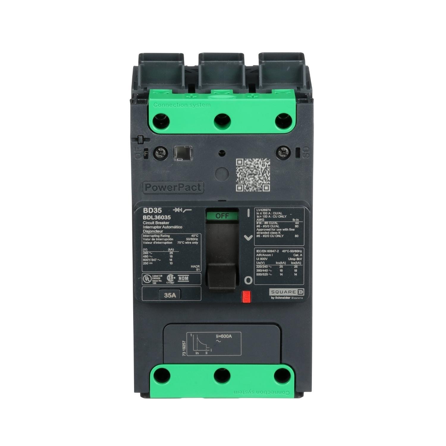 BDL36035 - Circuit breaker, PowerPacT B, 35A, 3 pole, 600Y/347VAC, 14kA, lugs, thermal magnetic, 80%