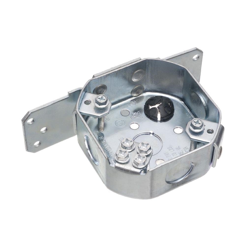 FBS415S - Steel octagonal fan and fixture mounting box. 70lb fan rated, 200lb fixture rated. 1-1/2" box depth. 14.6 cu. with Side mounting bracket.