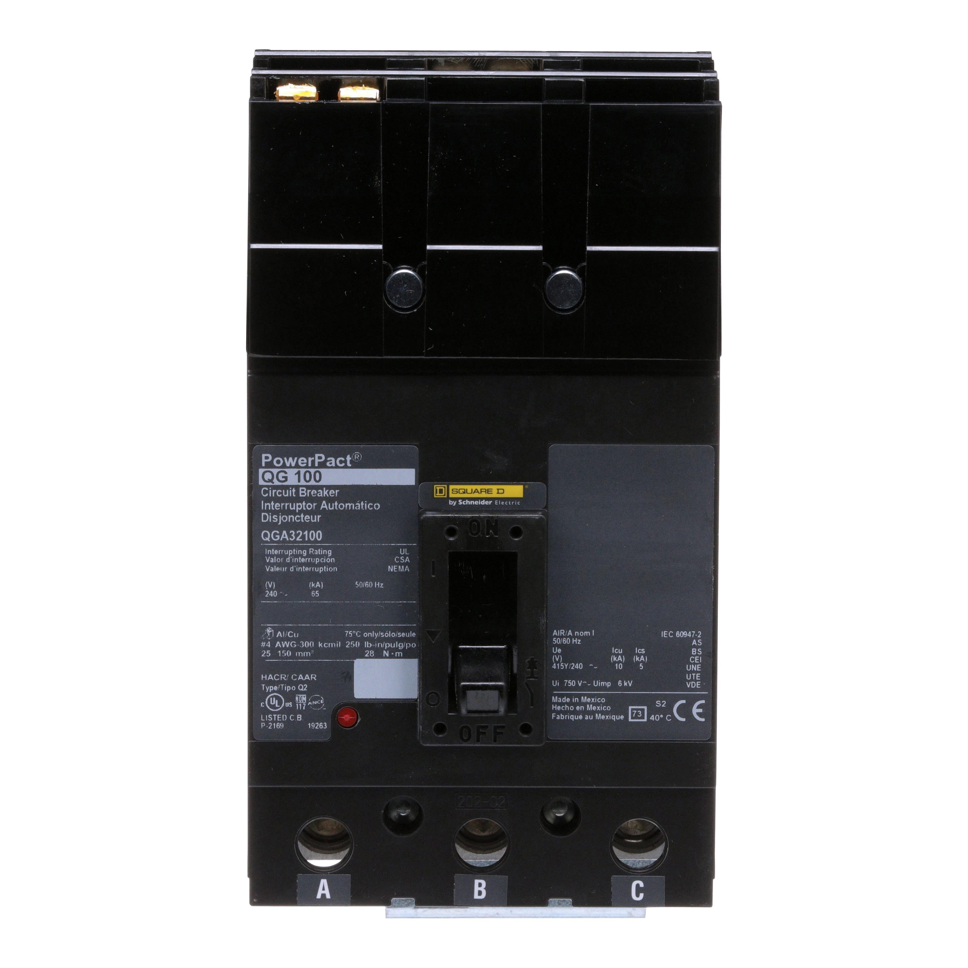 QGA32100 - Circuit breaker, PowerPacT Q, 100A, 3 pole, 240VAC, 65kA, I-Line, thermal magnetic, 80%, ABC