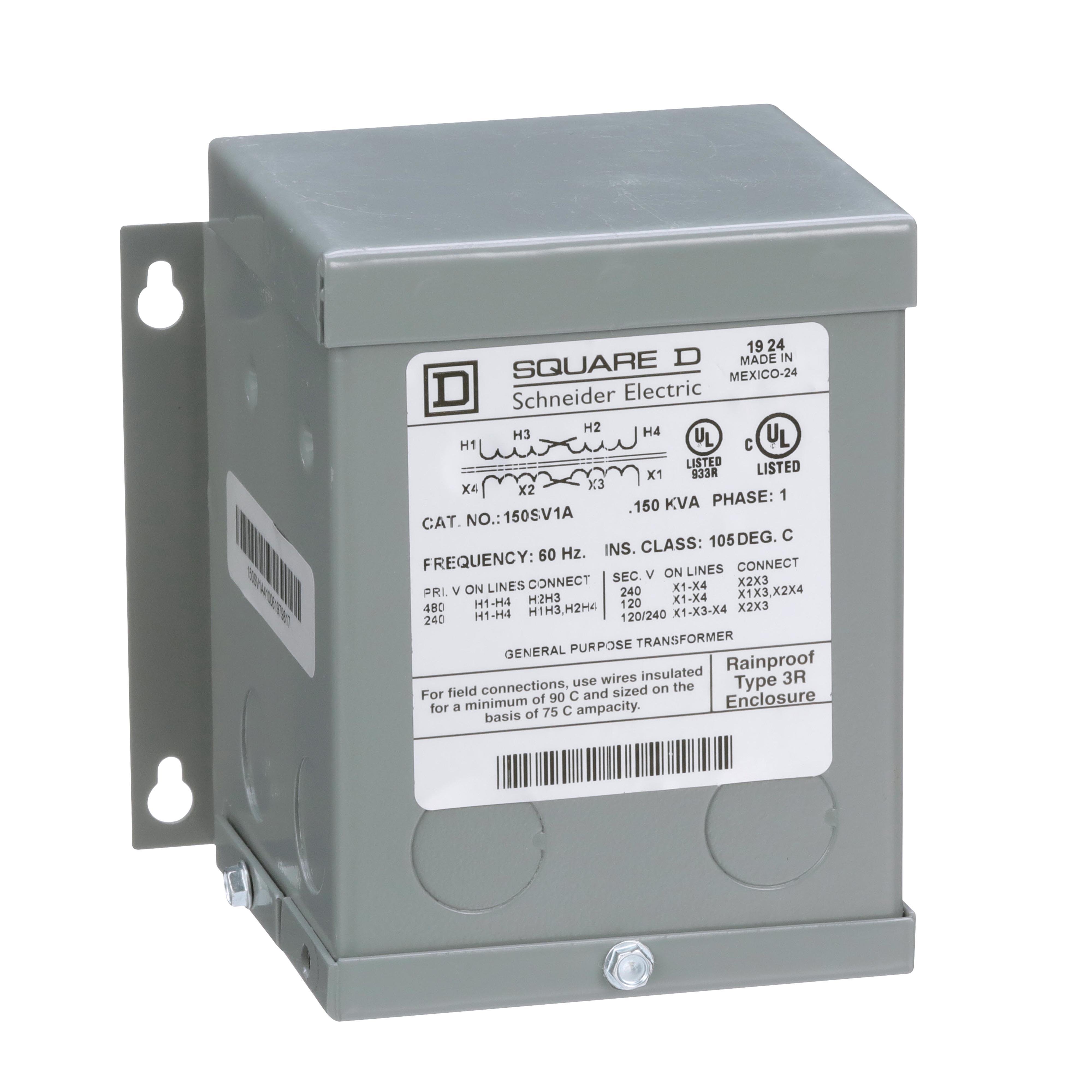 150SV1A - Transformer, dry type, encapsulated, 0.15kVA, 1 phase, 240x480V primary, 120/240V secondary, 3A, 55C rise [TAA]