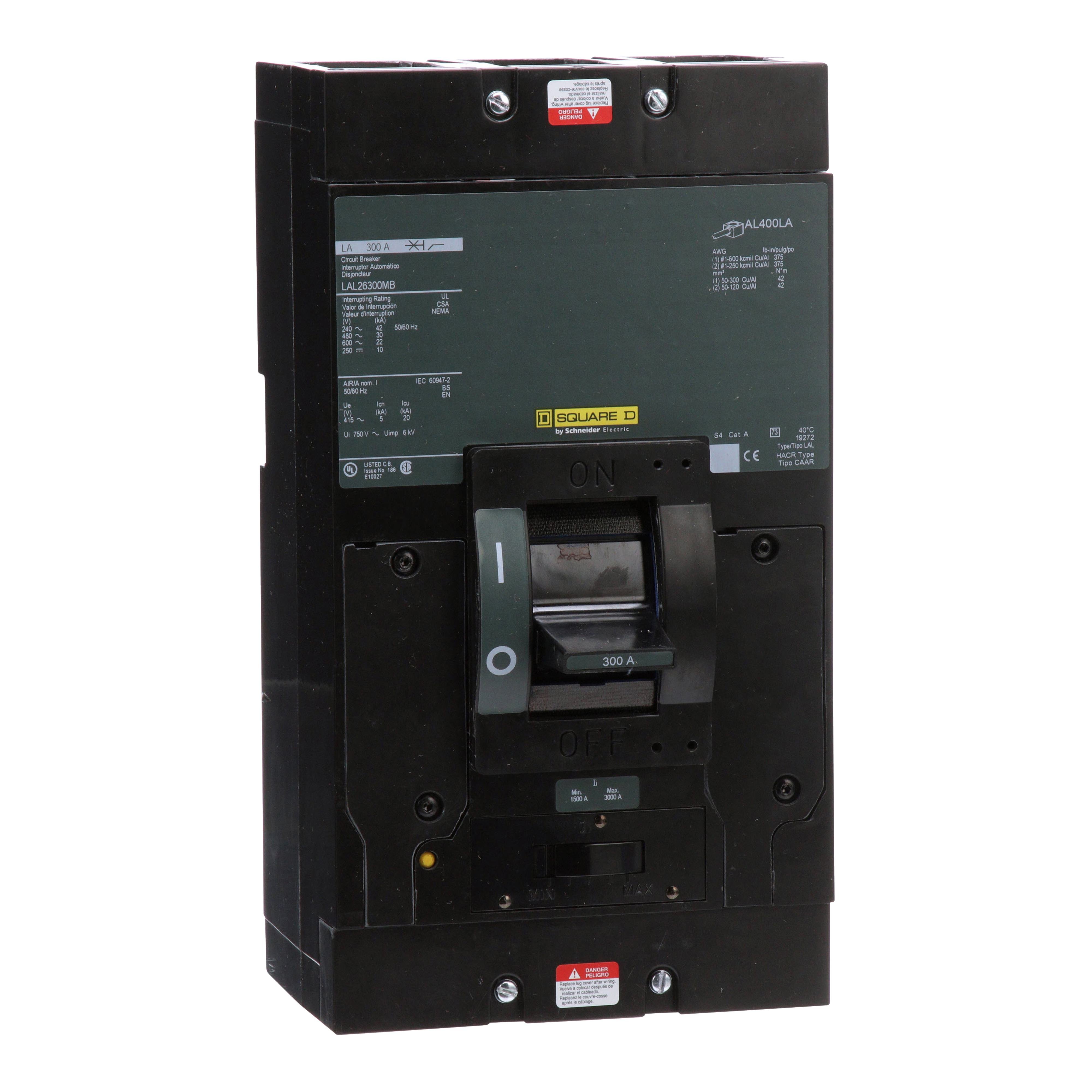 Picture of LAL26300MB - Circuit breaker, LA, 300A, 2 pole, 600VAC, 22kA, 250VDC, 10kA, lugs, thermal magnetic, short handle