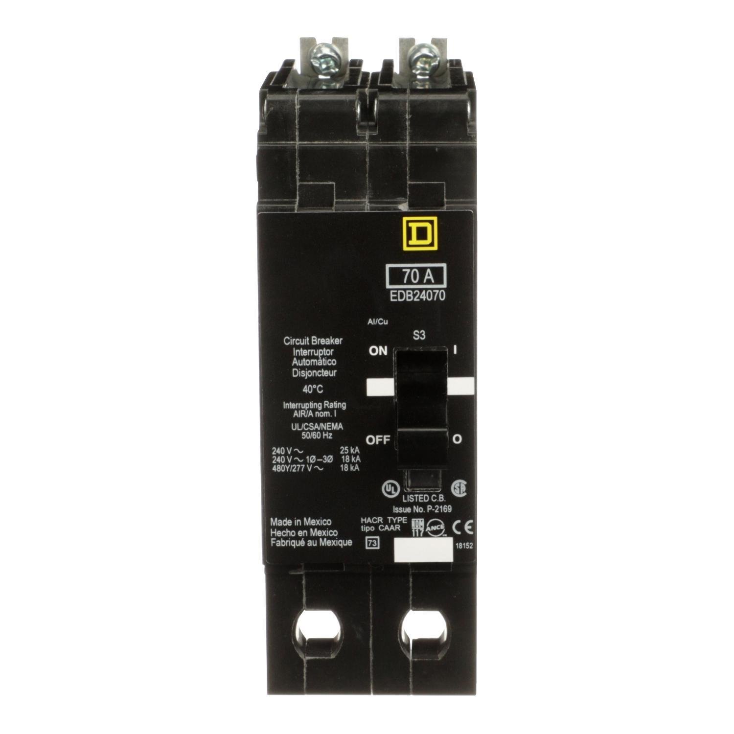 EDB24070 - Mini circuit breaker, E-Frame, 70A, 2 pole, 480Y/277VAC, 25kA max, bolt on [TAA]