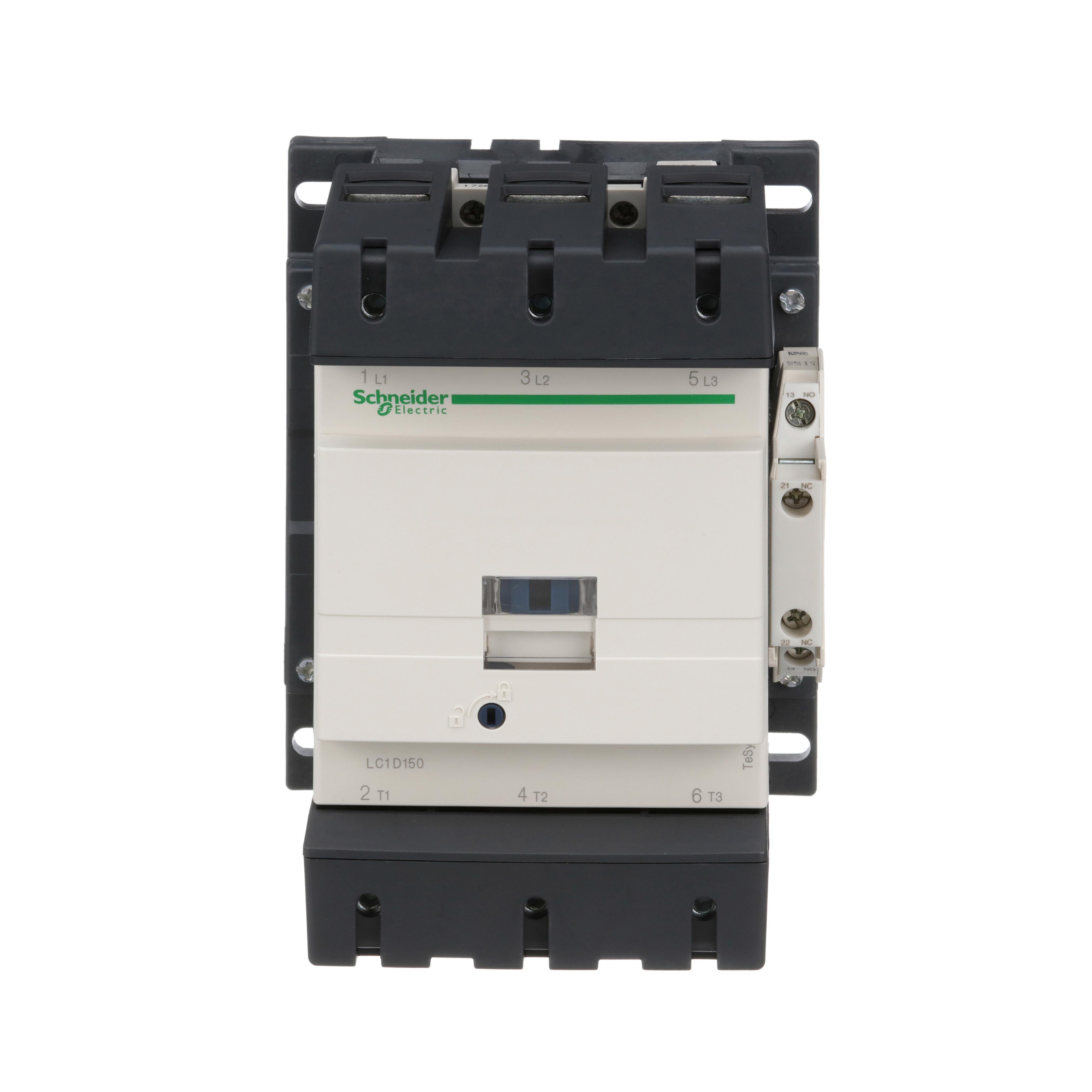 Picture of LC1D150G7 - IEC contactor, TeSys Deca, nonreversing, 150A, 100HP at 480VAC, up to 100kA SCCR, 3 phase, 3 NO, 120VAC 50/60Hz coil, open