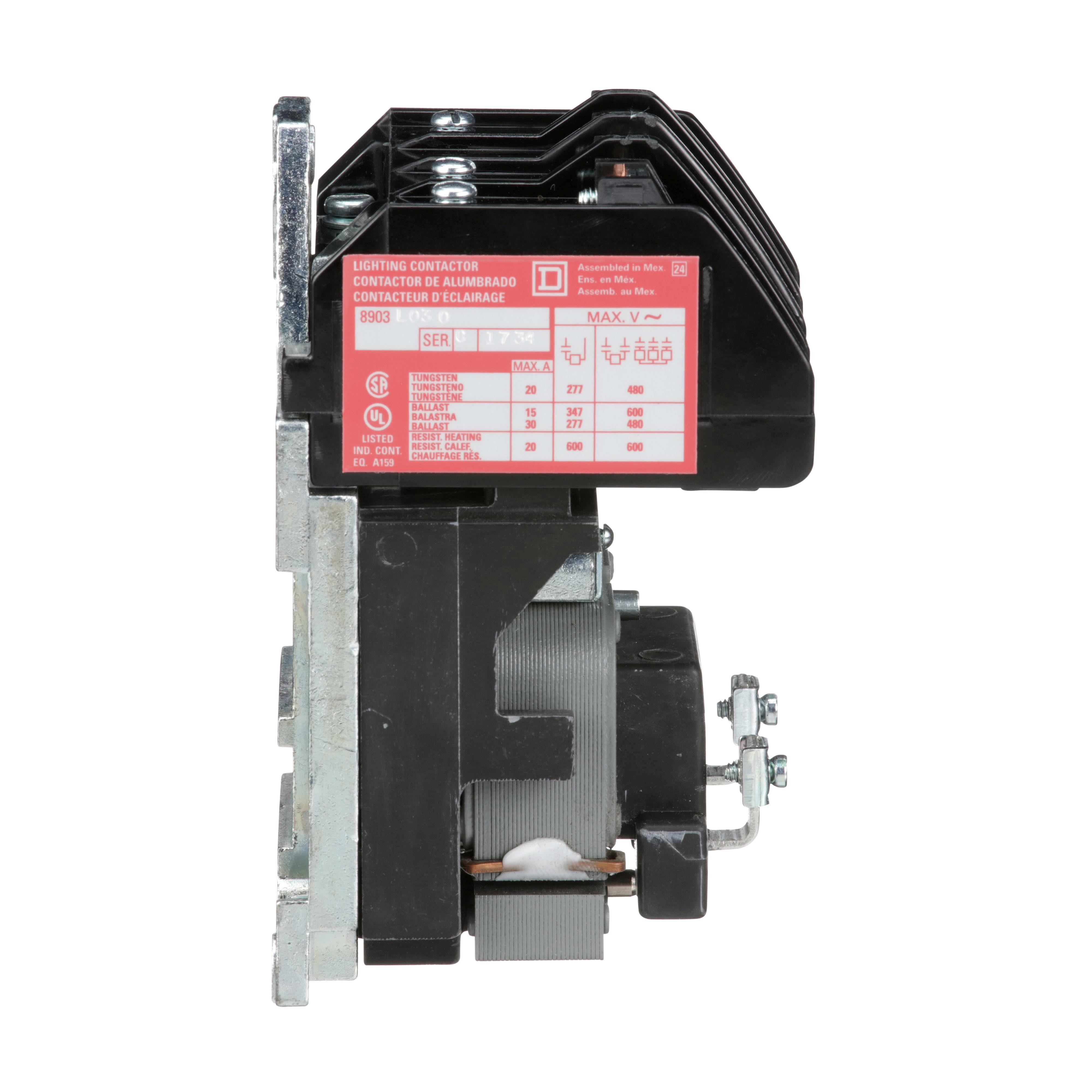 Picture of 8903LO30V02 - Contactor, Type L, multipole lighting, electrically held, 30A, 3 pole, 600V, 110/120VAC 50/60Hz coil, open style [TAA]
