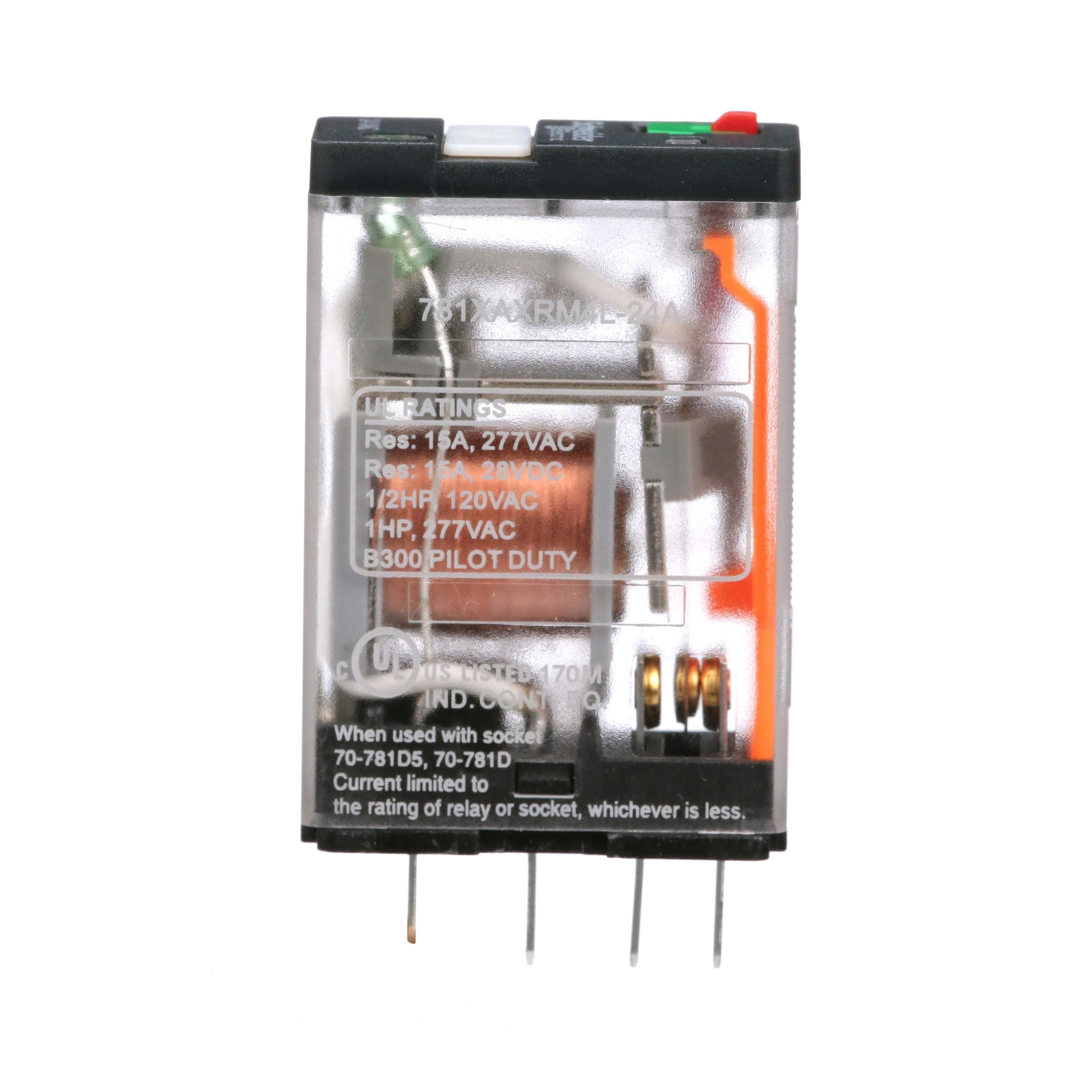 Picture of 781XAXRM4L-24A - Power Relay, General Purpose Relays, SPDT, LED clear cover, lock push button, faston terminals, 15A, 24V AC, 1NC + 1NO