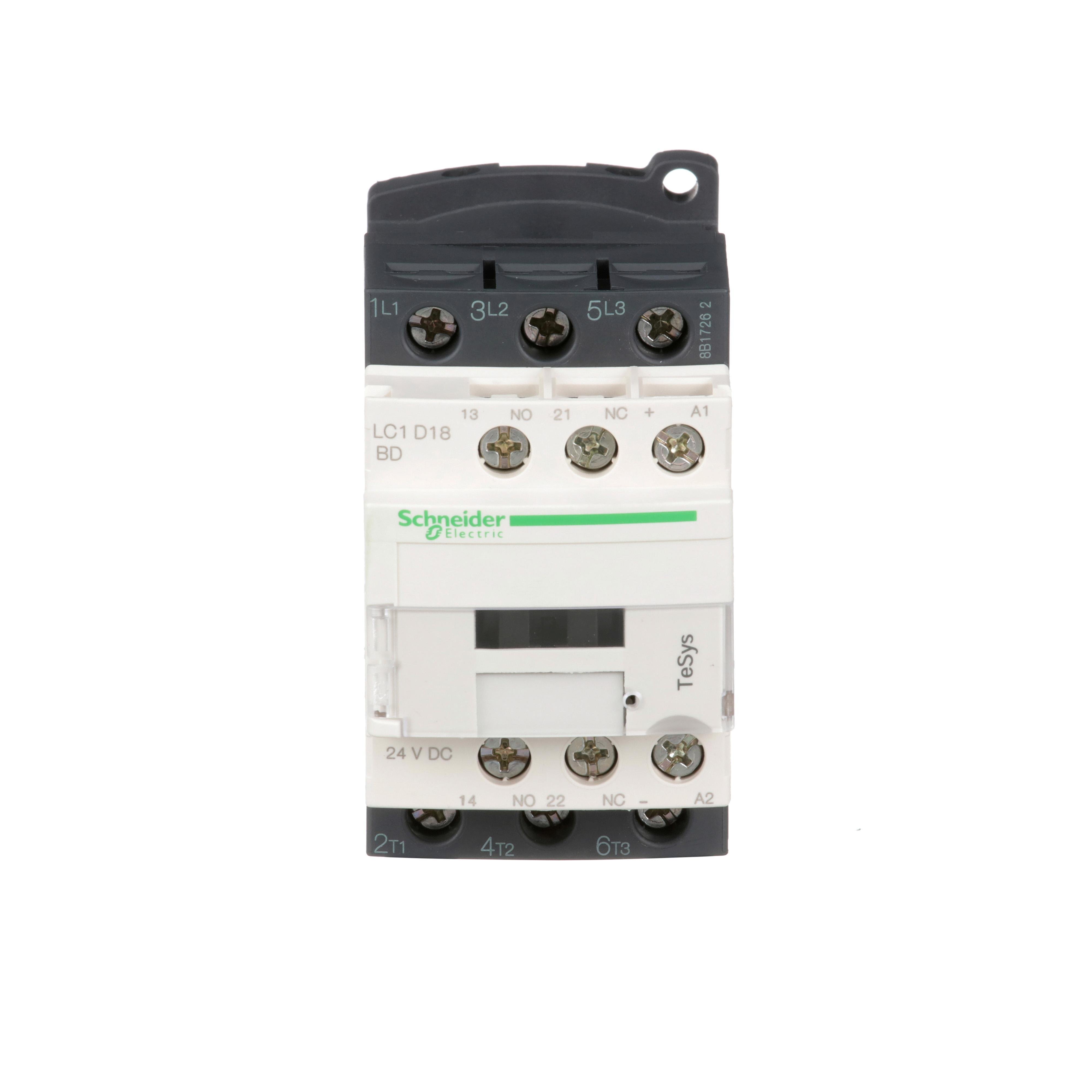 LC1D18BD - IEC contactor, TeSys Deca, nonreversing, 18A, 10HP at 480VAC, up to 100kA SCCR, 3 phase, 3 NO, 24VDC coil, open