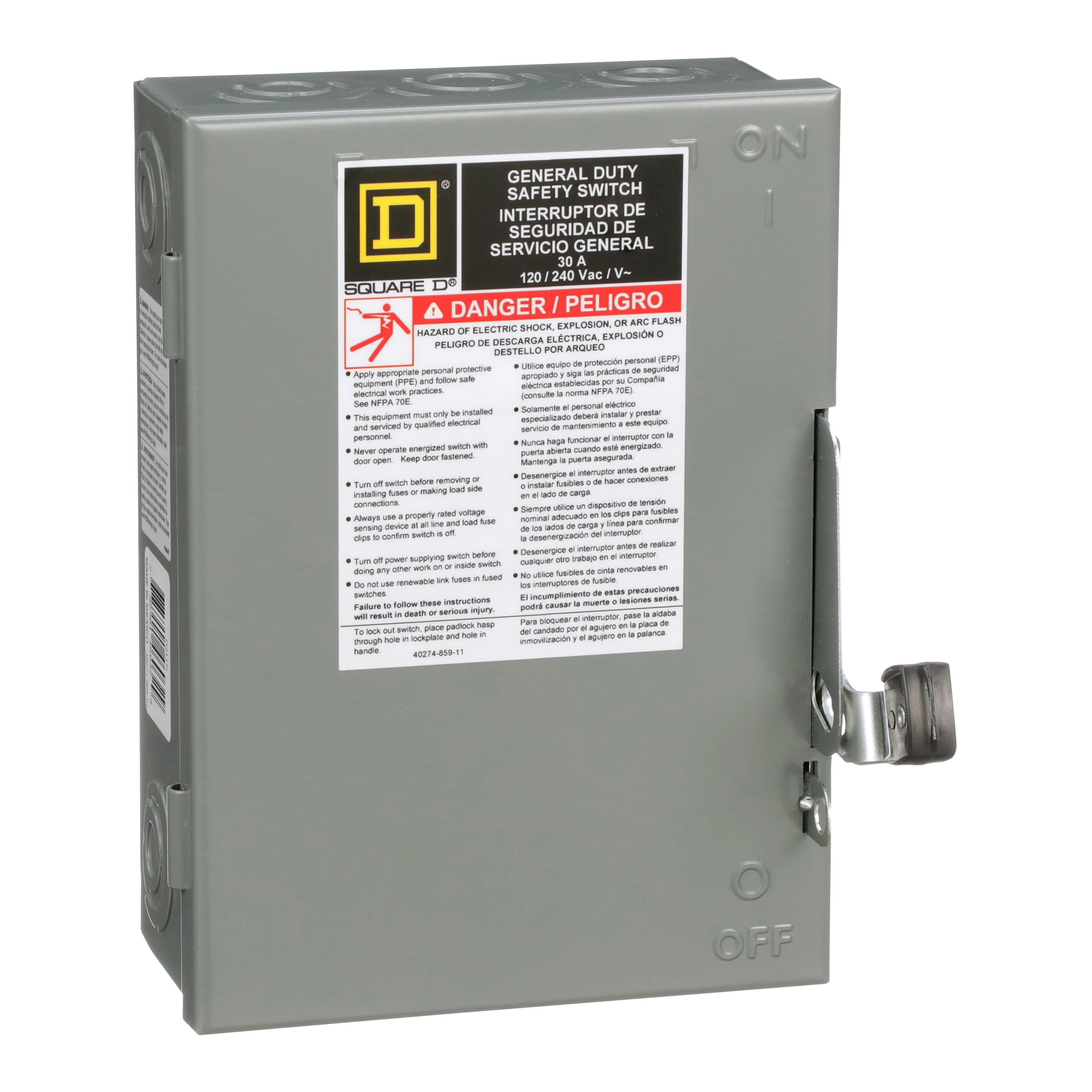 D211N - Safety switch, general duty, fusible, 2 pole, 3 wire, 120/240VAC, 30A, Type 1, with neutral