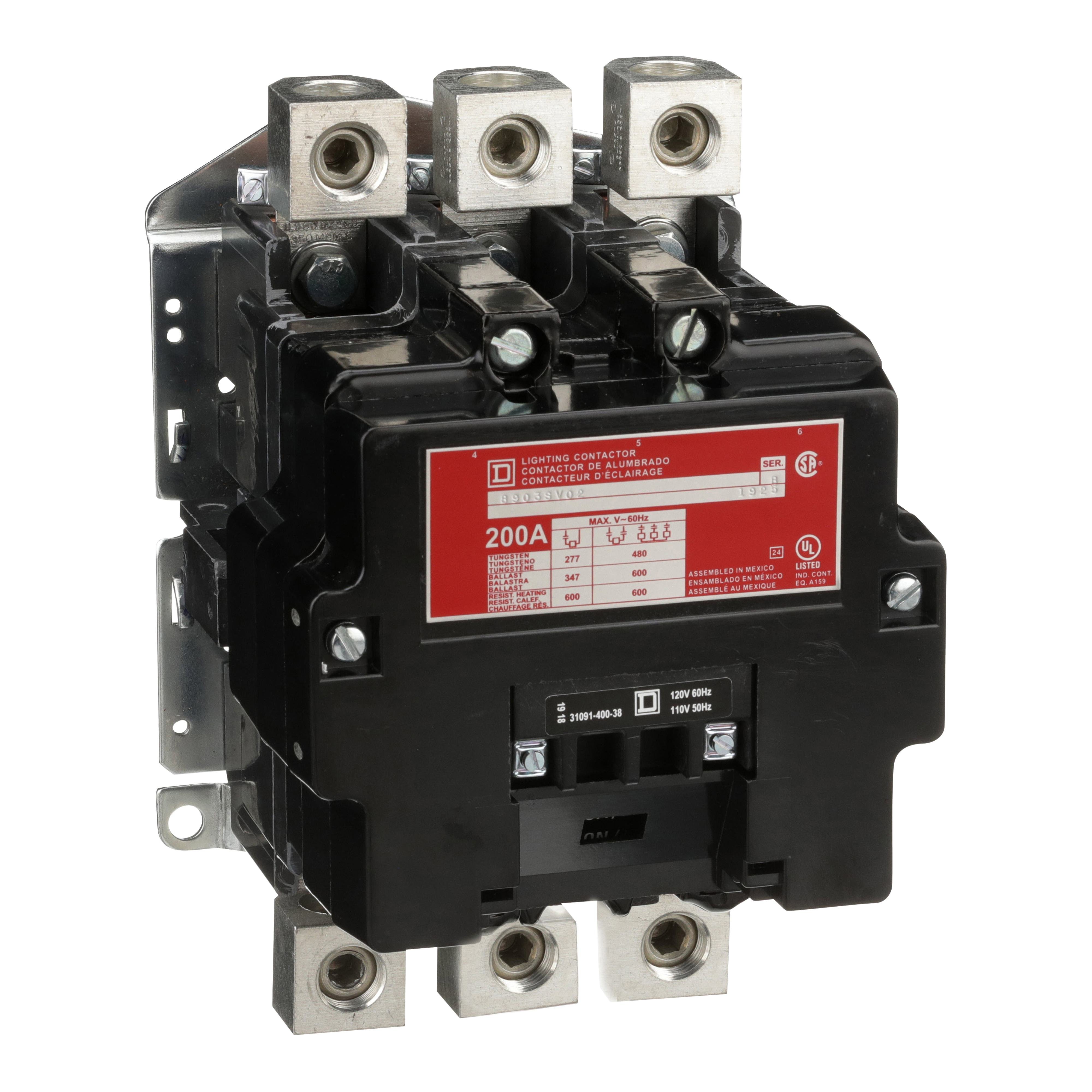 Picture of 8903SVO2V02 - Contactor, Type S, multipole lighting, electrically held, 200A, 3 pole, 110/120VAC 50/60Hz coil, open style [TAA]