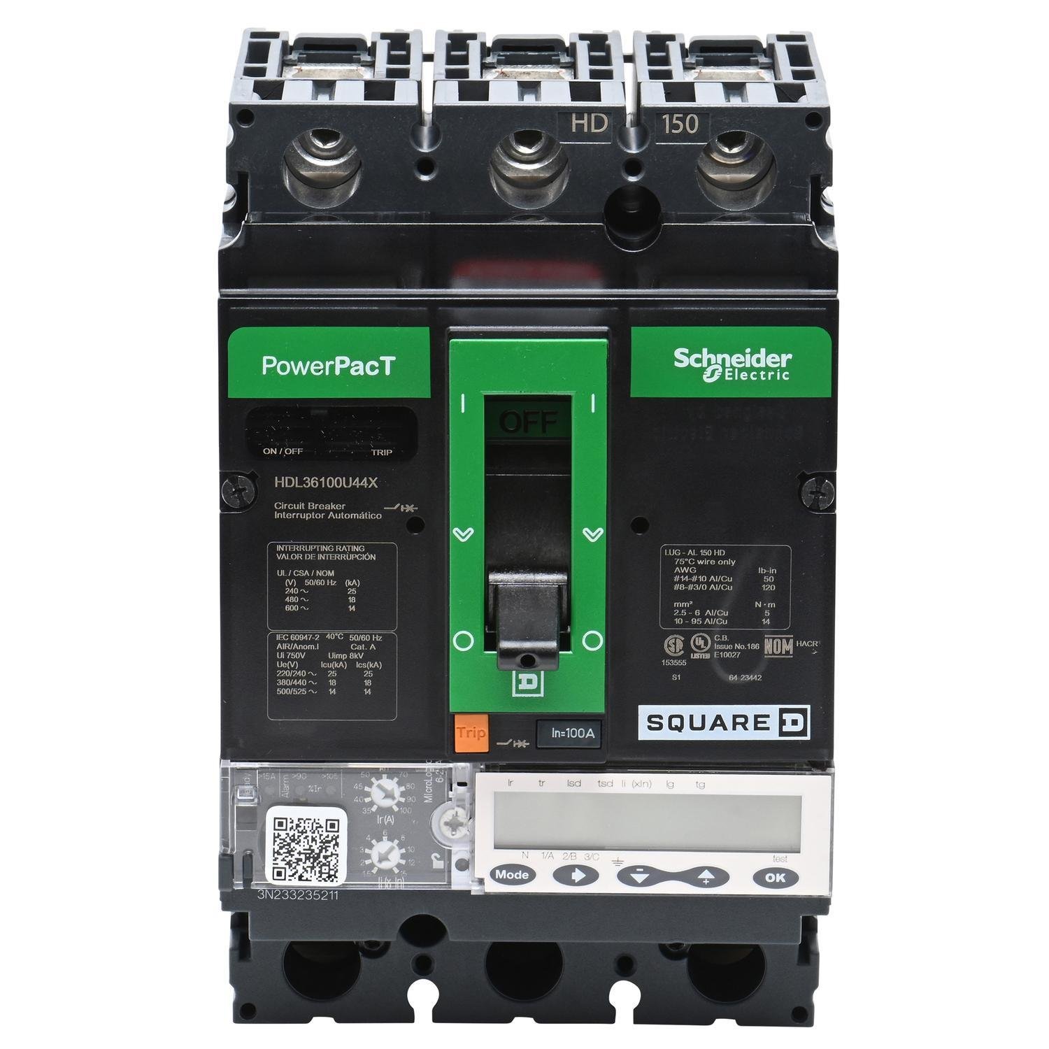 HDL36100U44X - Circuit breaker, PowerPacT H, 100A, 3 pole, 600VAC, 14kA, lugs, Micrologic 6.2A, 80%