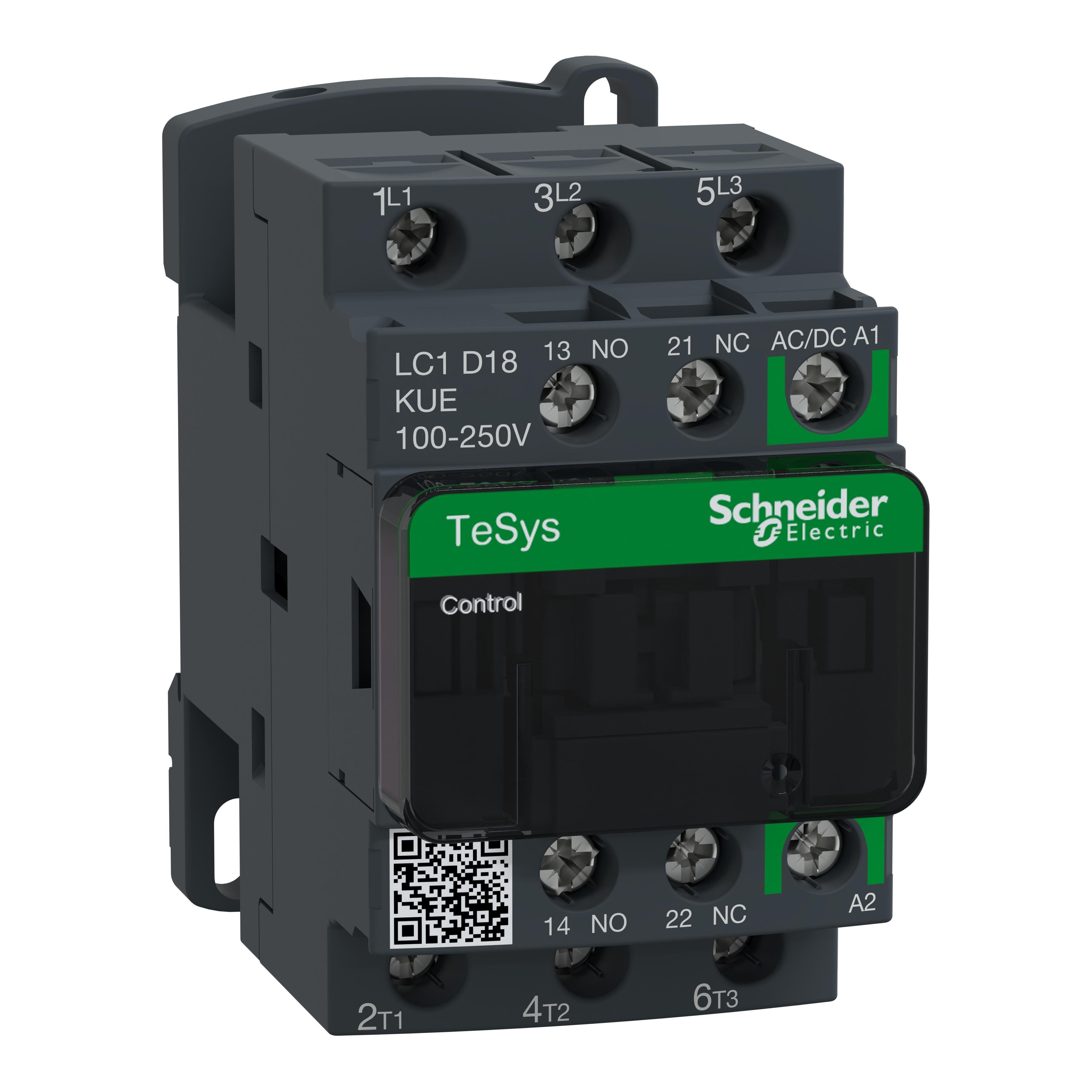 LC1D18KUE - IEC contactor, TeSys Deca, nonreversing, 18A, 10HP at 480VAC, up to 100kA SCCR, 3 phase, 3 NO, 100/250VAC/VDC coil