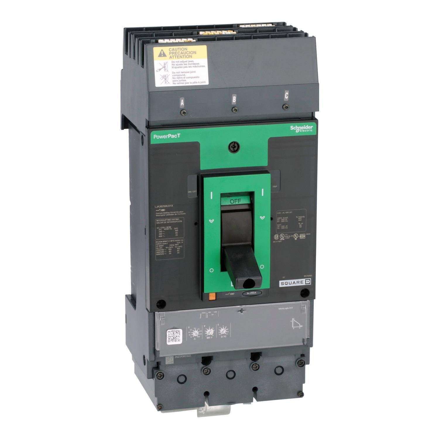 Picture of LJA36250U31X - Circuit breaker, PowerPacT L, 250A, 3 pole, 600VAC, 25kA, I-Line, MicroLogic 3.3, 80%, ABC