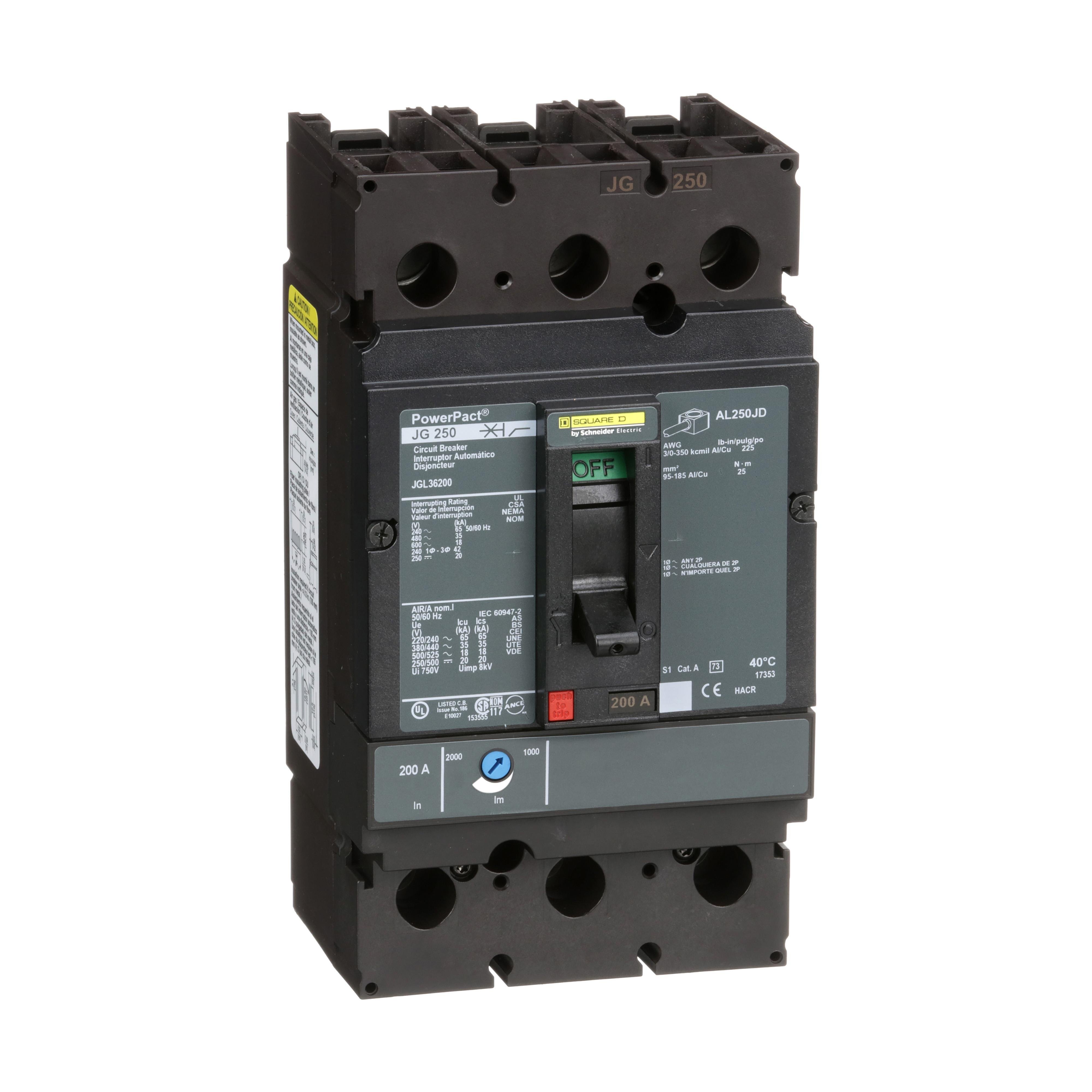 JGL36200 - Circuit breaker, PowerPacT J, 200A, 3 pole, 600VAC, 18kA, lugs, thermal magnetic, 80%