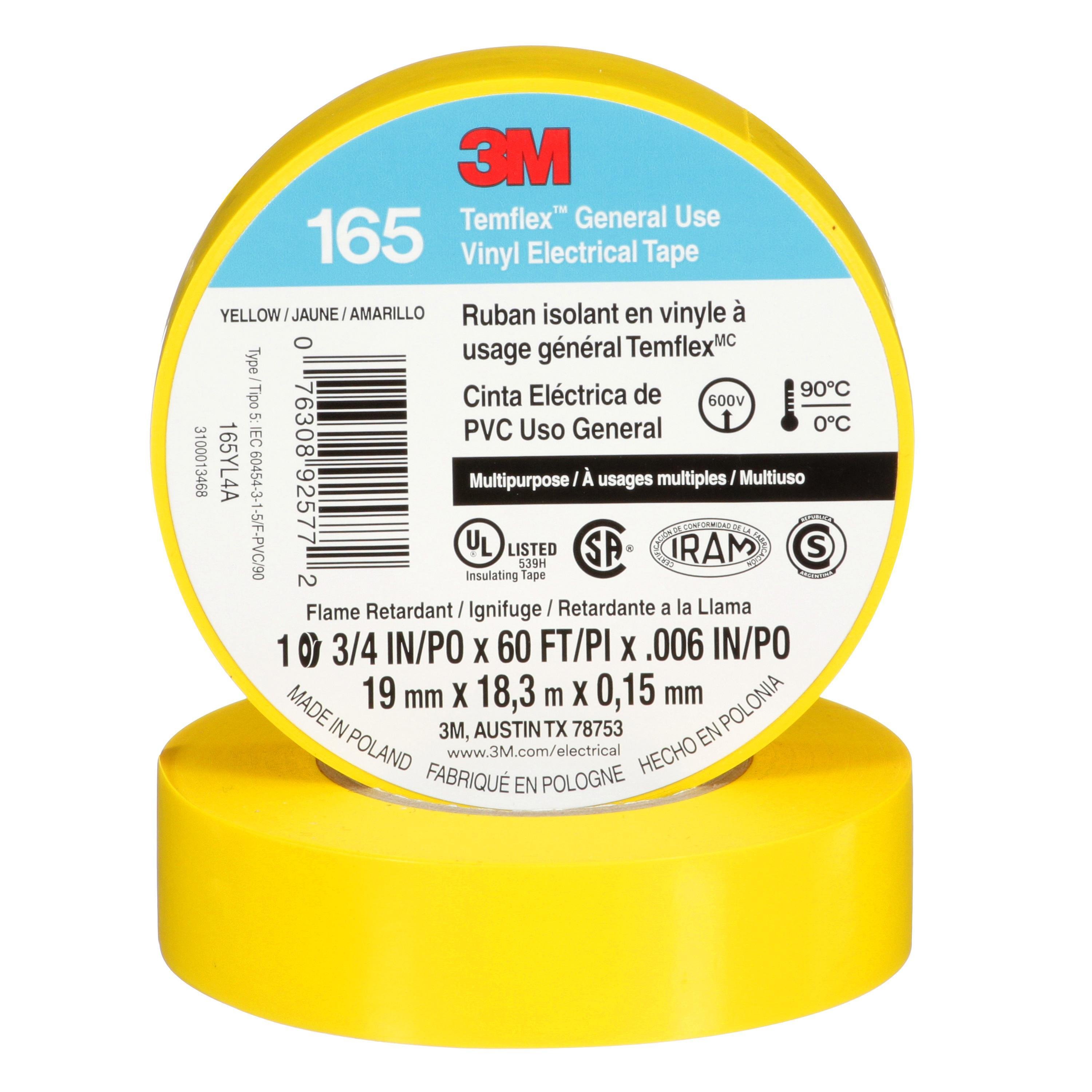 7100169490 - 3M™ Temflex™ Vinyl Electrical Tape 165, Yellow, 3/4 in x 60 ft (19 mm x 18 m), 6 mil, 100 Rolls/Case
