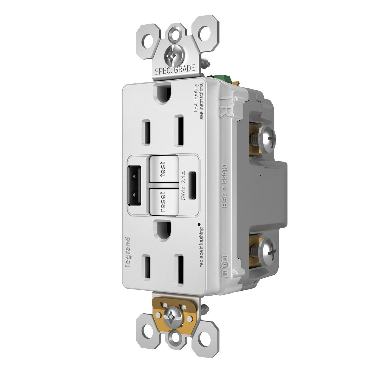 Picture of 1597TRUSBACW - radiant® Tamper-Resistant 15A Duplex Self-Test GFCI Receptacles with SafeLock® Protection, USB Type A/C White