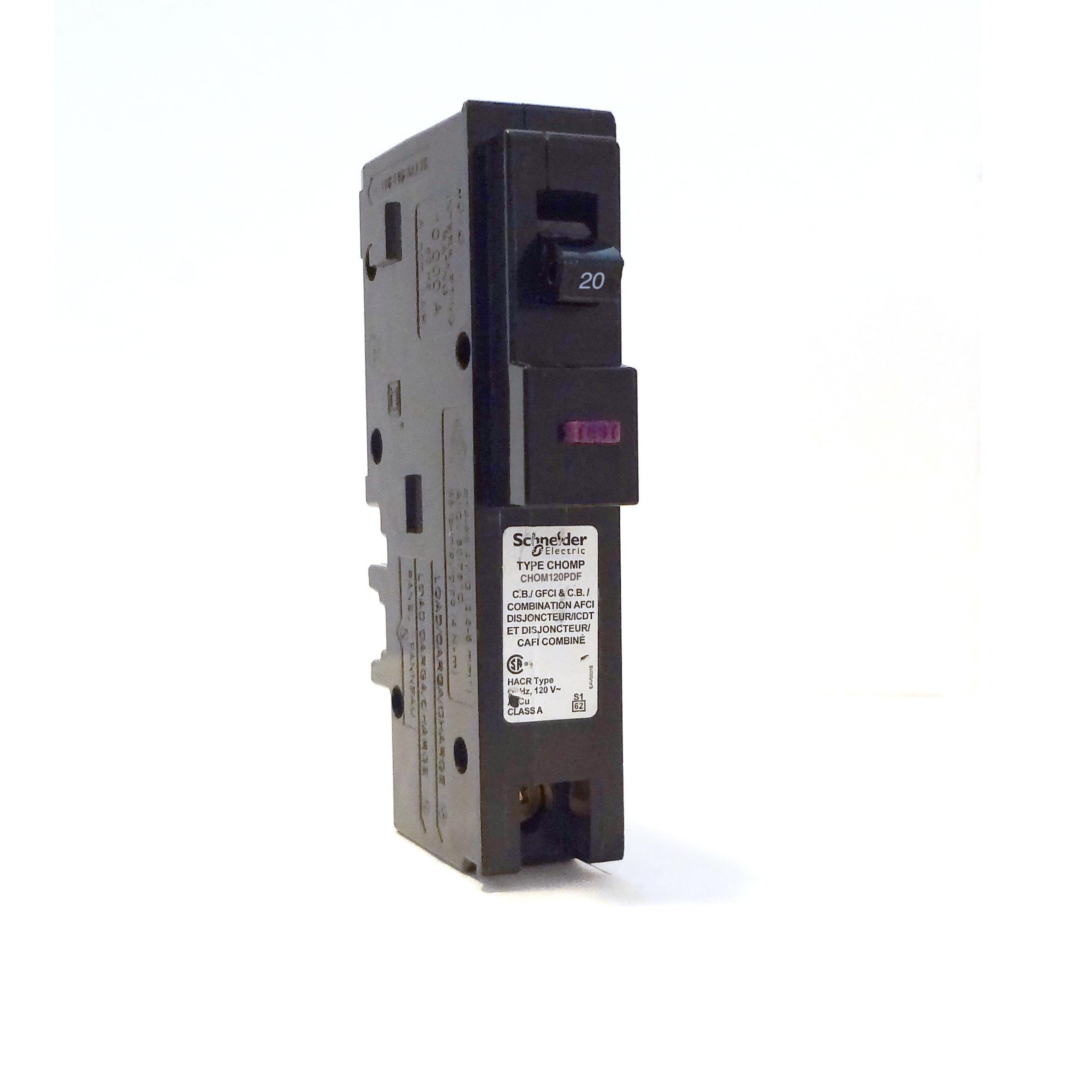 CHOM120PDF - Mini circuit breaker, Homeline Canadian, 20A, 1 pole, 120VAC, 10kA AIR, combo ARC/ground fault, plug on neutral, plug in, UL [TAA]