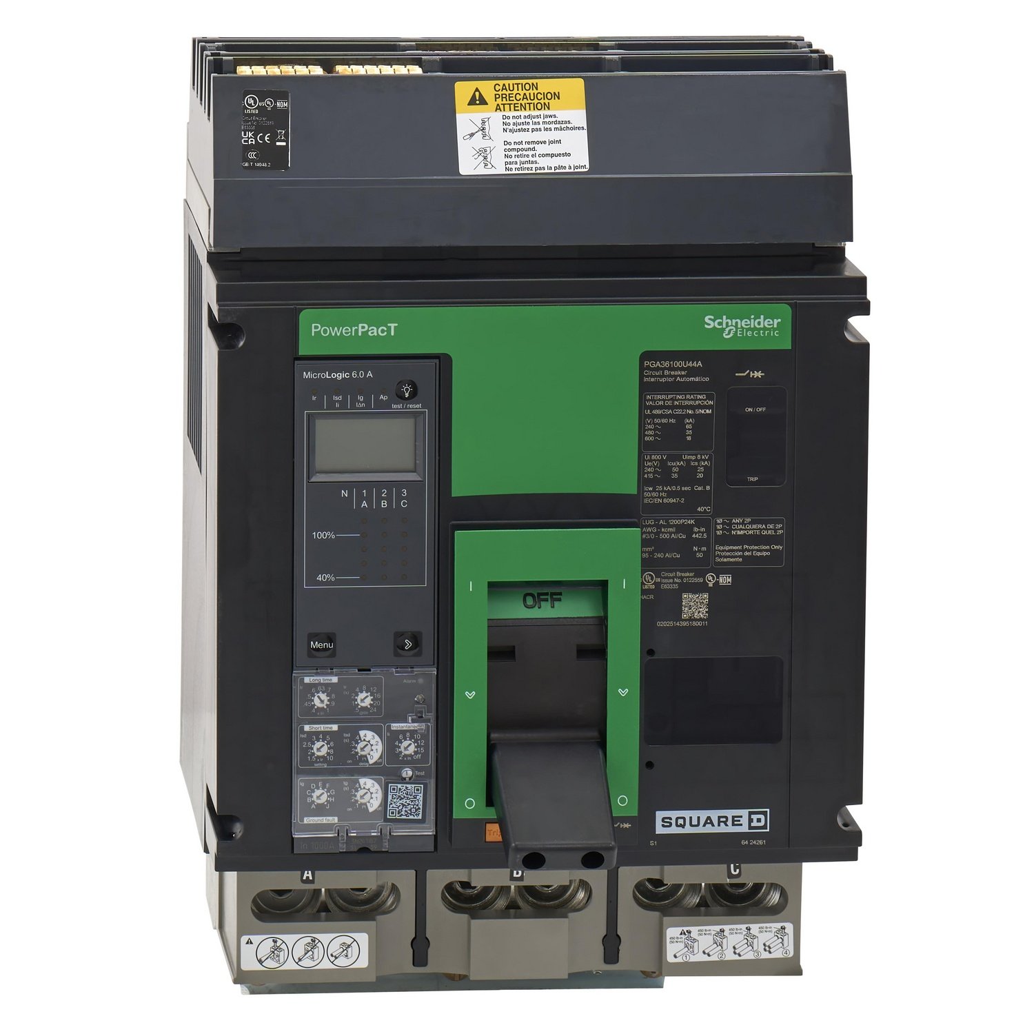 PGA36100U44A - Circuit breaker, PowerPacT P, 1000A, 3 pole, 600VAC, 18kA, I-Line, Micrologic 6.0A, 80%, ABC