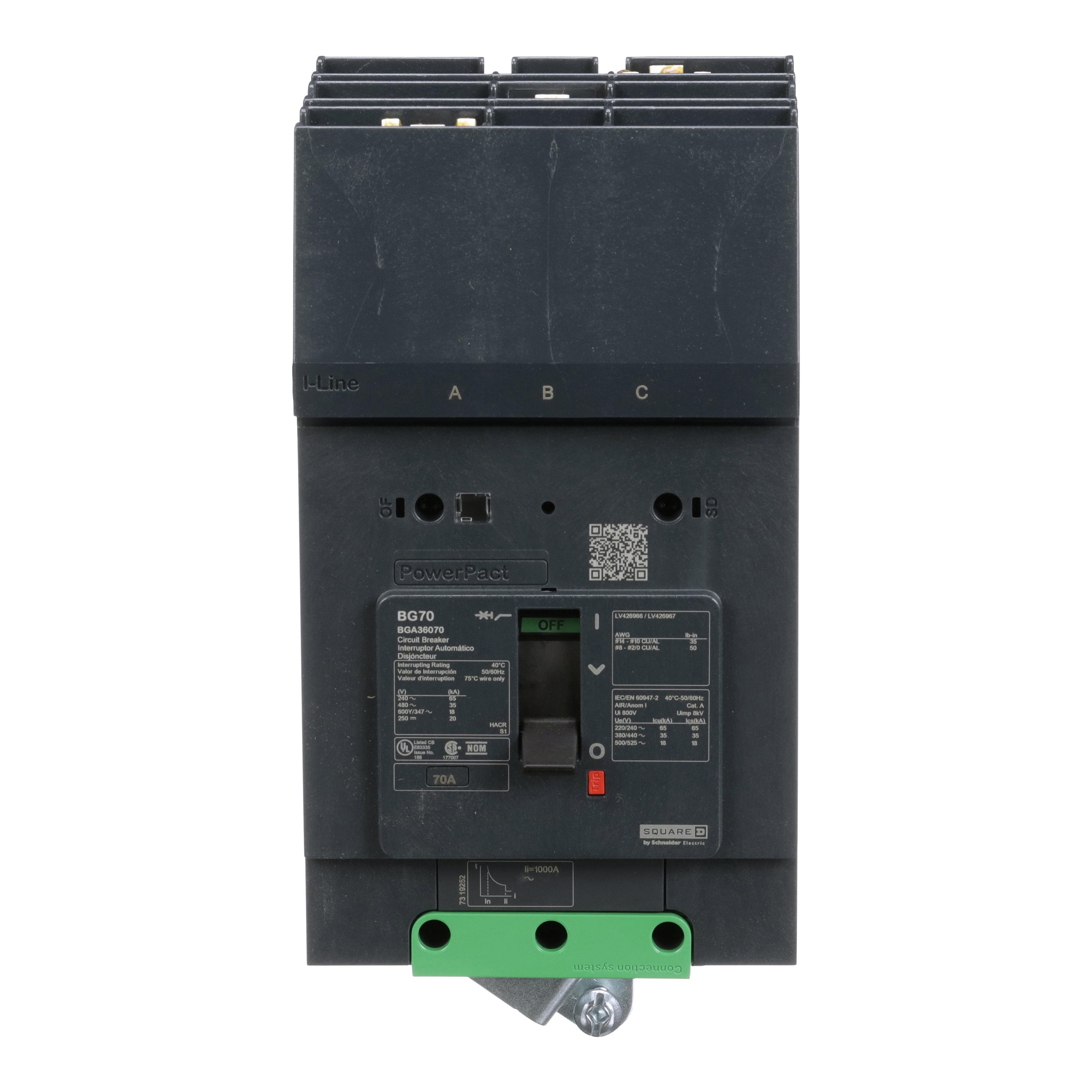 BGA36070 - Circuit breaker, PowerPacT B, 70A, 3 pole, 600Y/347VAC, 18kA, I-Line, thermal magnetic, 80%, ABC