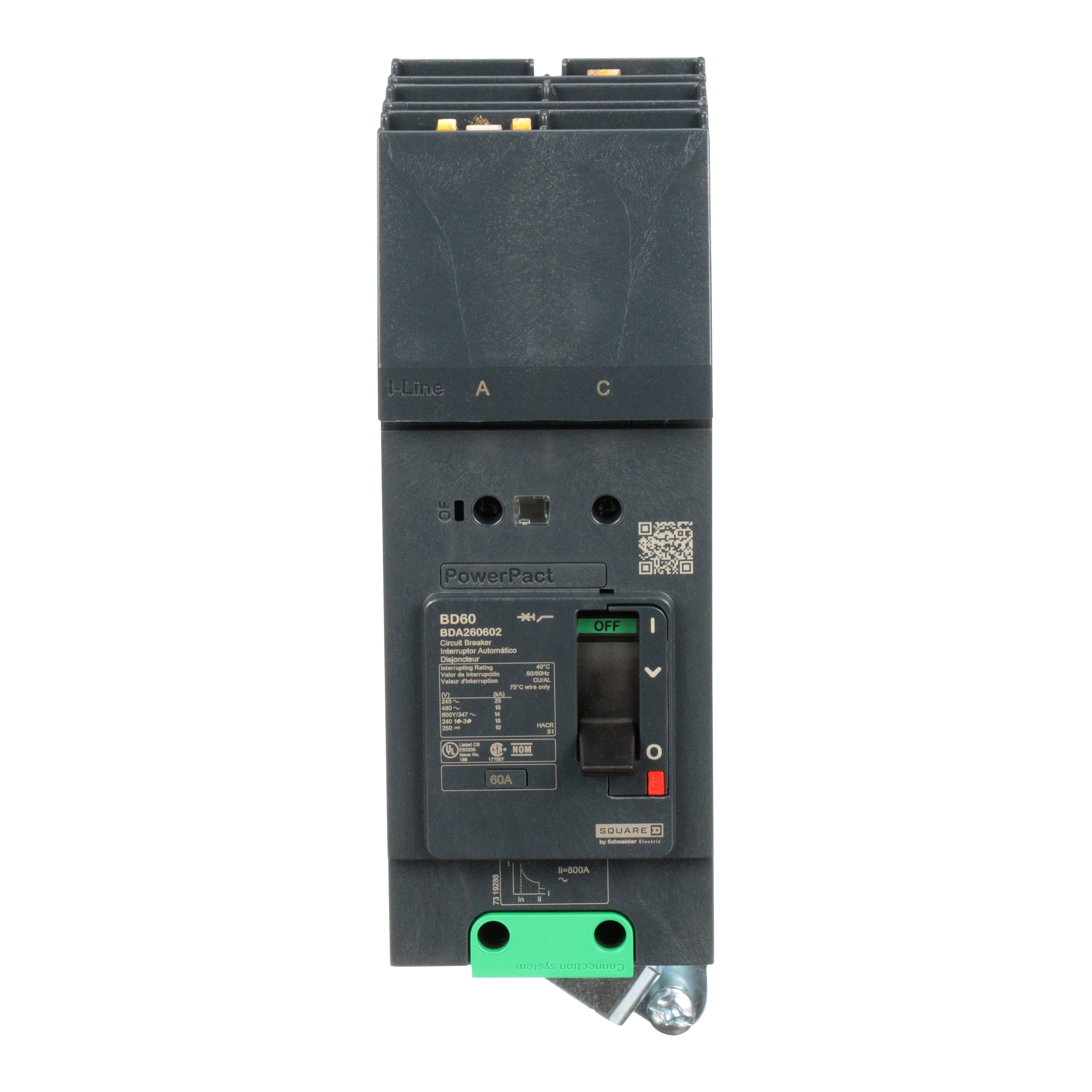 Picture of BDA260602 - Circuit breaker, PowerPacT B, 60A, 2 pole, 600Y/347VAC, 14kA, I-Line, thermal magnetic, 80%, AC
