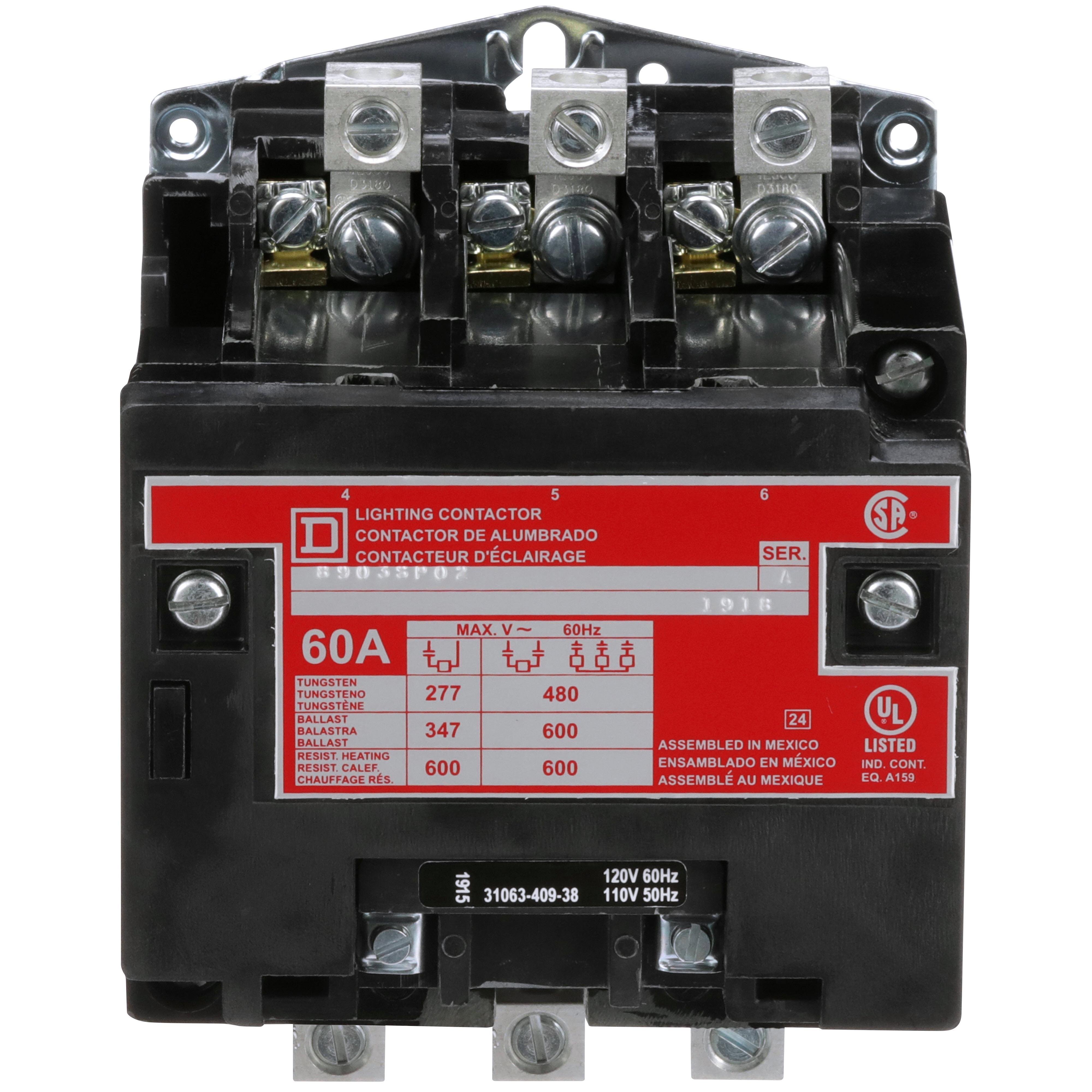 8903SPO2V02 - Contactor, Type S, multipole lighting, electrically held, 60A, 3 pole, 110/120VAC 50/60Hz coil, open style [TAA]