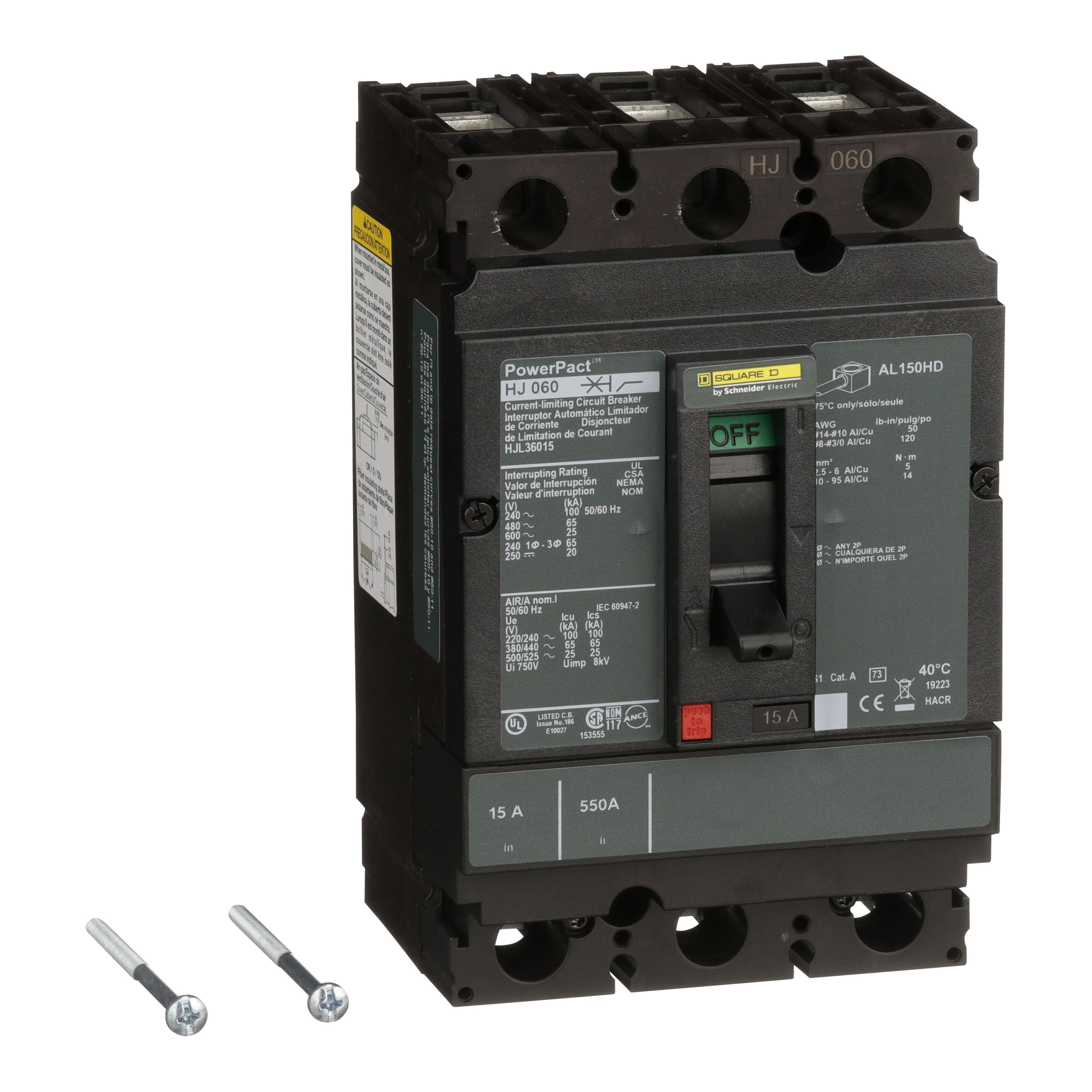 HJL36015 - Circuit breaker, PowerPacT H, 15A, 3 pole, 600VAC, 25kA, lugs, thermal magnetic, 80%