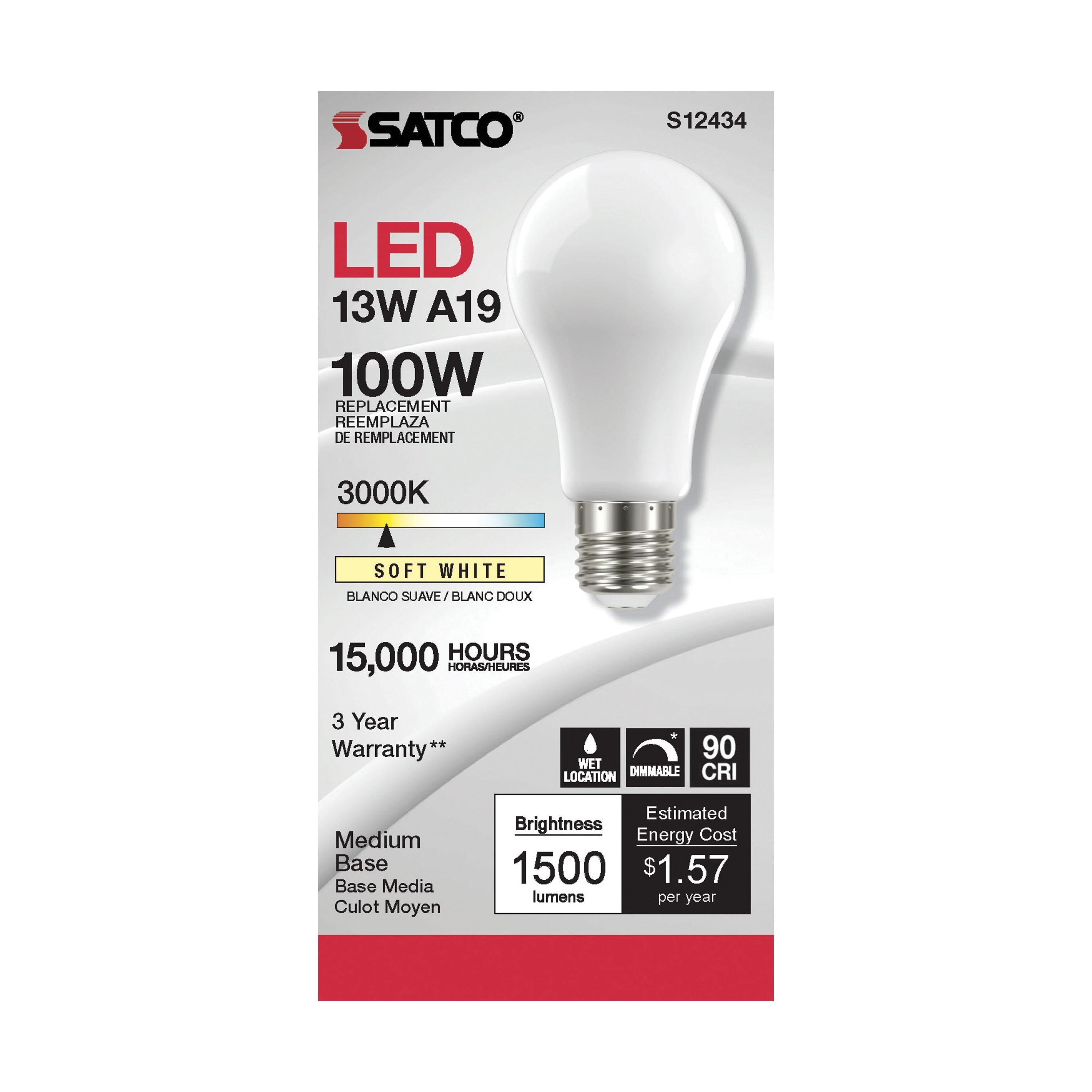 Picture of S12434 - 13.5 Watt LED A19 - Soft White - Medium Base - 3000K - 90 CRI - 120 Volt