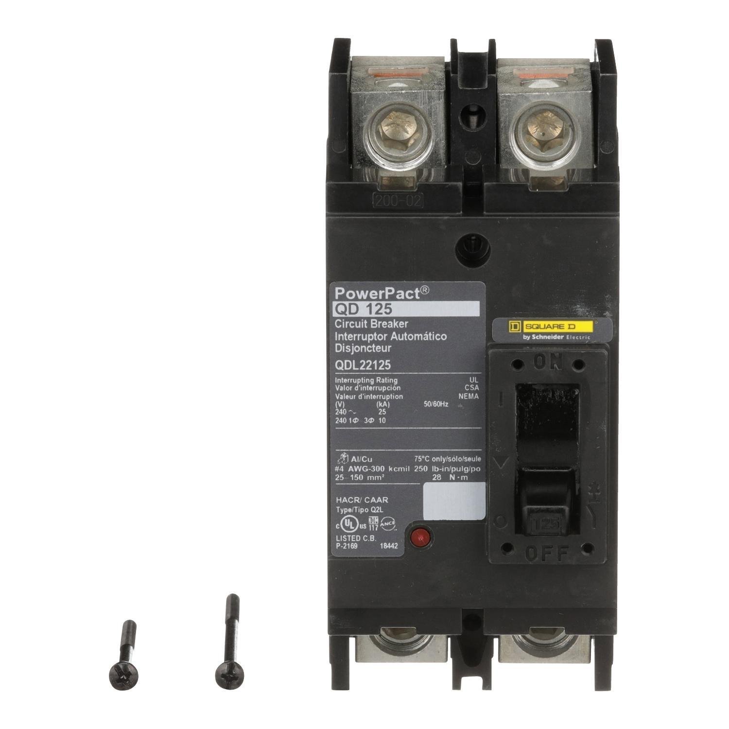 QDL22125 - Circuit breaker, PowerPacT Q, 125A, 2 pole, 240VAC, 25kA, lugs, thermal magnetic, 80%