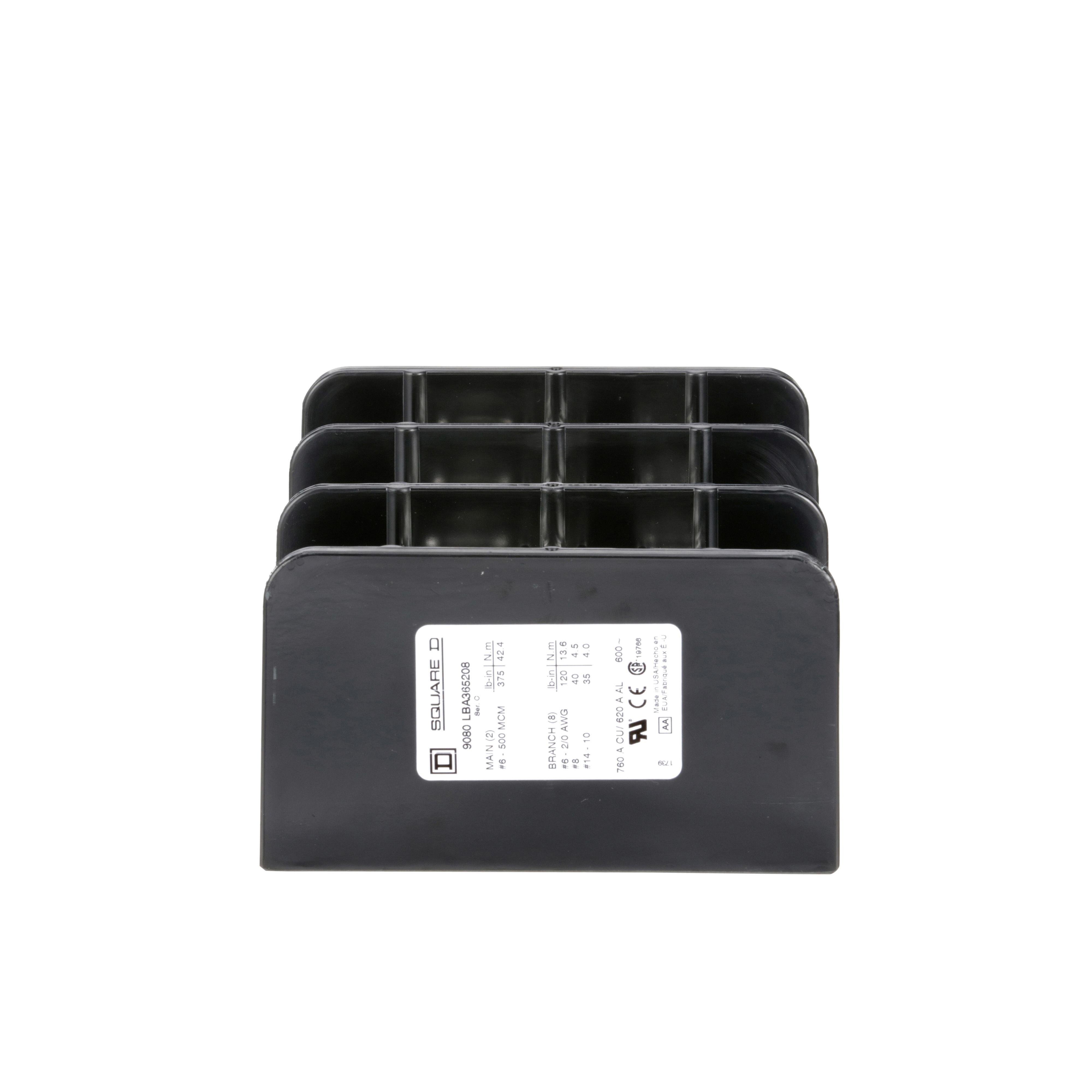 Picture of 9080LBA365208 - Power distribution block, Linergy, 3 pole, 2 line, 8 load, 760A Cu, 620A Al, 600V