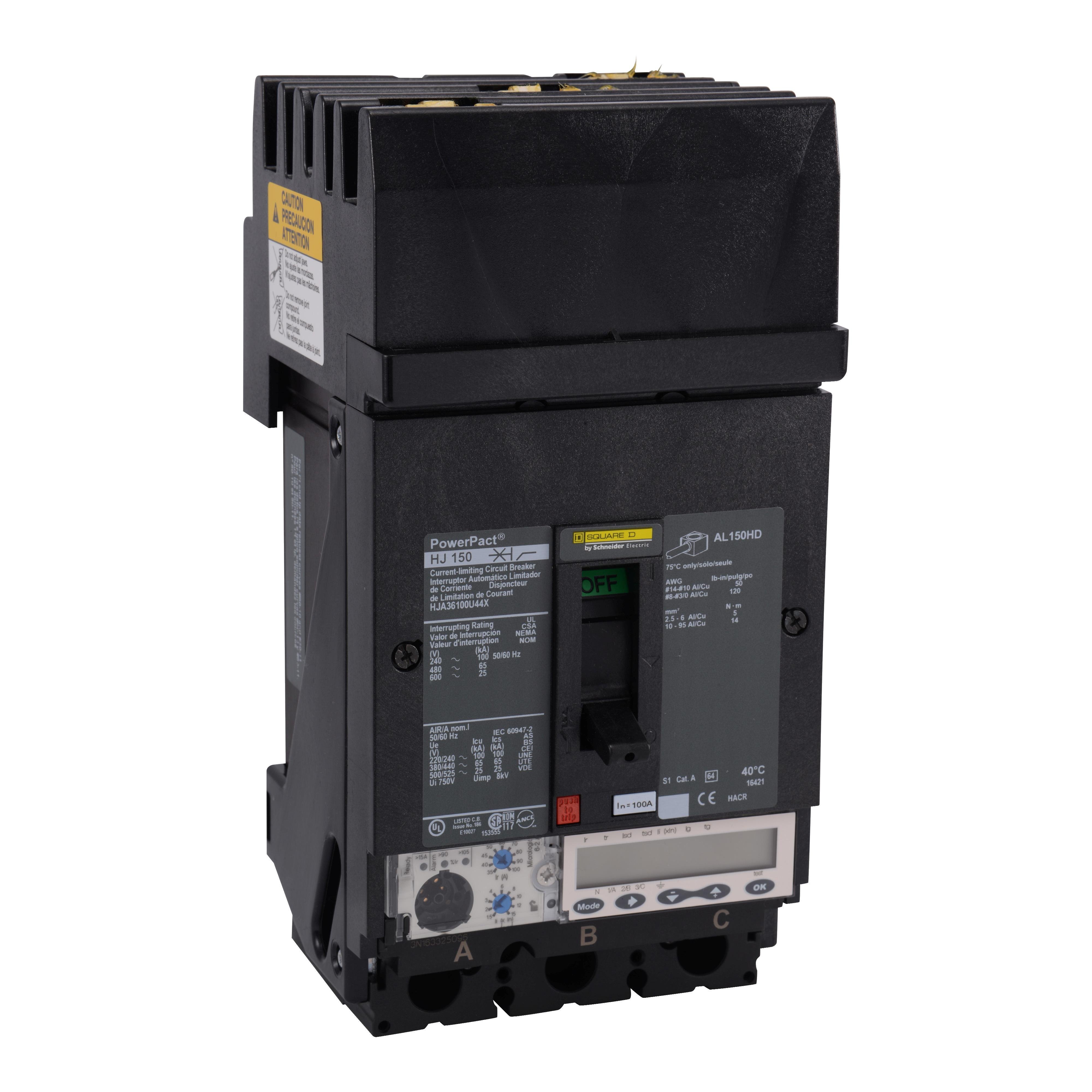 HJA36100U44X - Circuit breaker, PowerPacT H, 100A, 3 pole, 600VAC, 25kA, I-Line, Micrologic 6.2A, 80%, ABC