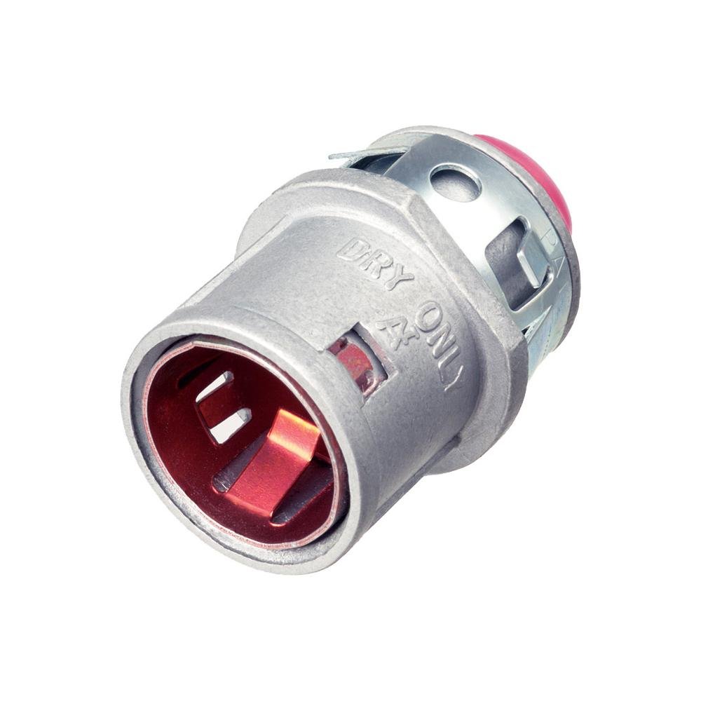 40AST - Zinc die-cast, 1/2" Knockout MC cable connector snaps quickly on to the conduit with an internal spring steel clip and then snaps into knockout with external spring steel clip, no tools required. Concrete tight when taped. Red tinted internal clip