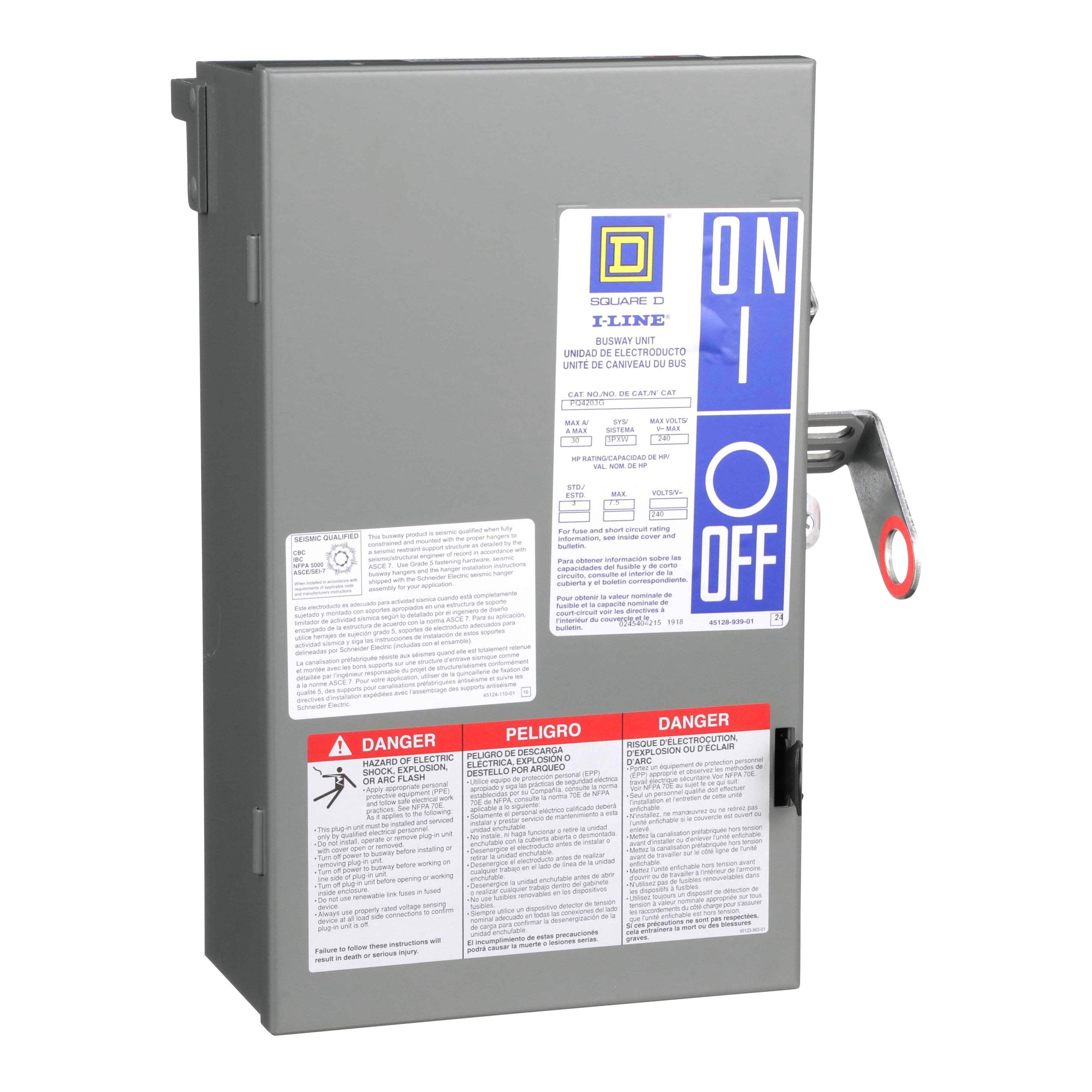 Picture of PQ4203G - Plug-In Unit, I-Line Busway, Fusible, 30A, 120/208VAC, 4 poles, 3 fuse G