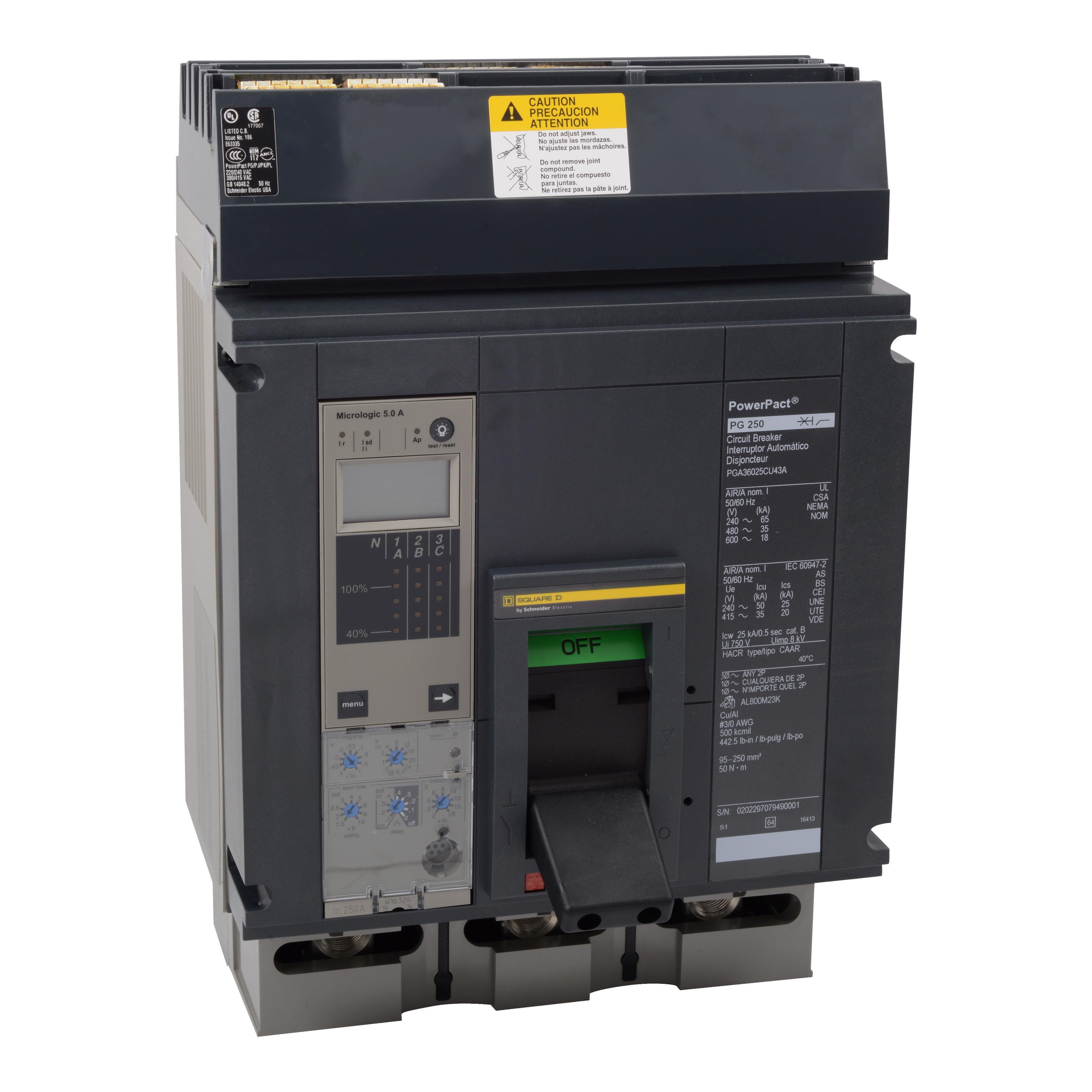Picture of PGA36120U43A - Circuit breaker, PowerPacT P, 1200A, 3 pole, 600VAC, 18kA, I-Line, Micrologic 5.0A, 80%, ABC