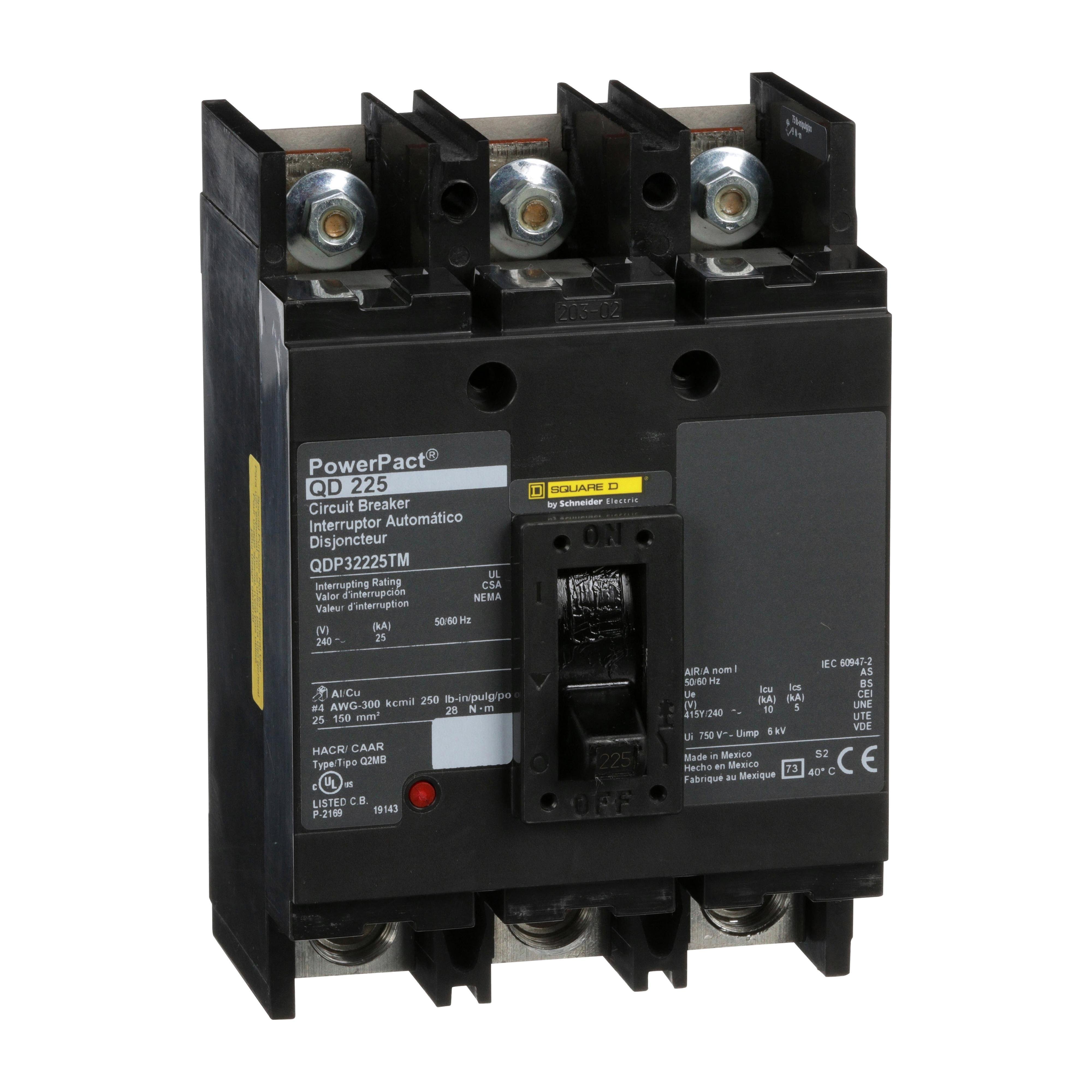 QDP32225TM - Circuit breaker, PowerPacT Q, 225A, 3 pole, 240VAC, 25kA, lugs, thermal magnetic, 80%, bottom of panel