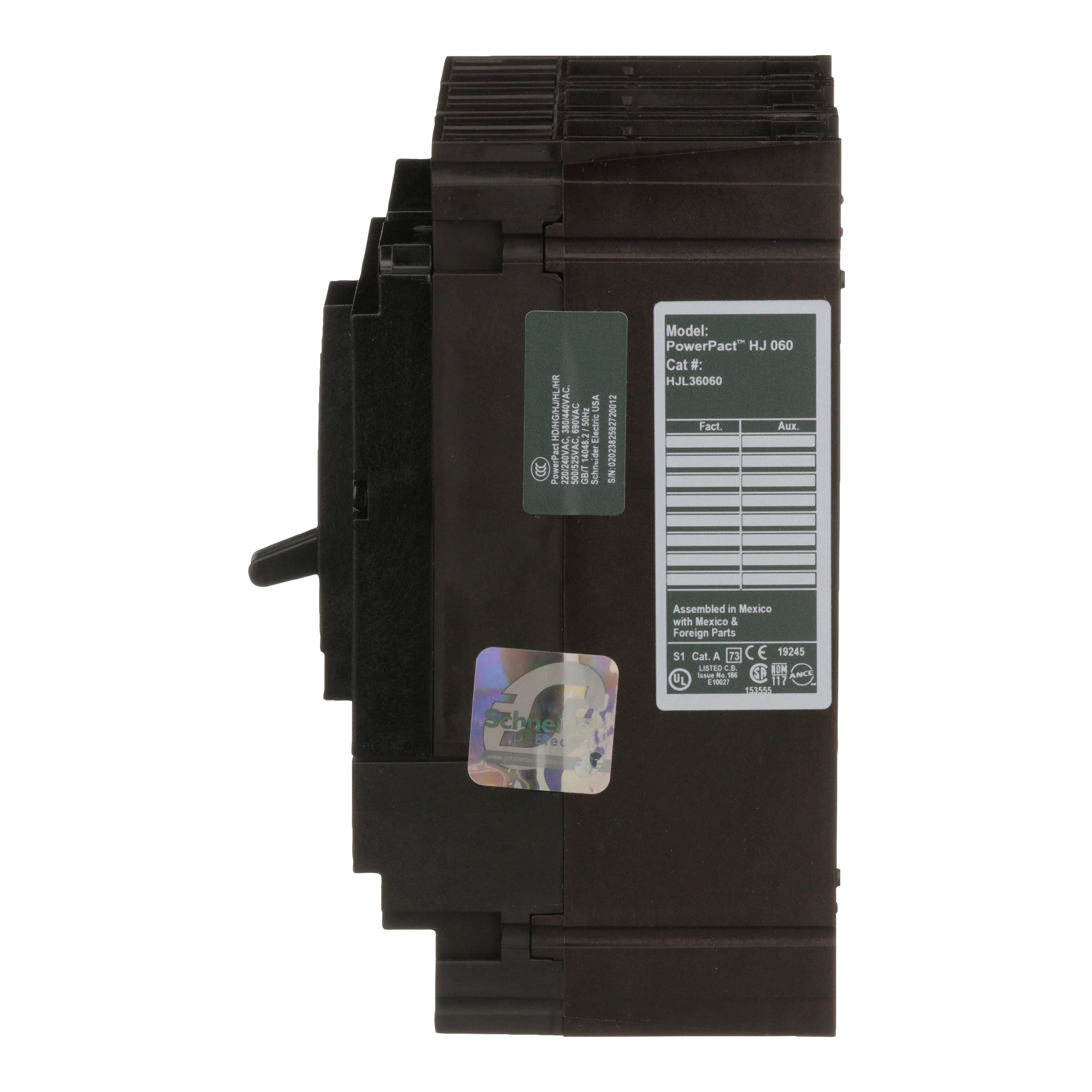 Picture of HJL36060 - Circuit breaker, PowerPacT H, 60A, 3 pole, 600VAC, 25kA, lugs, thermal magnetic, 80%