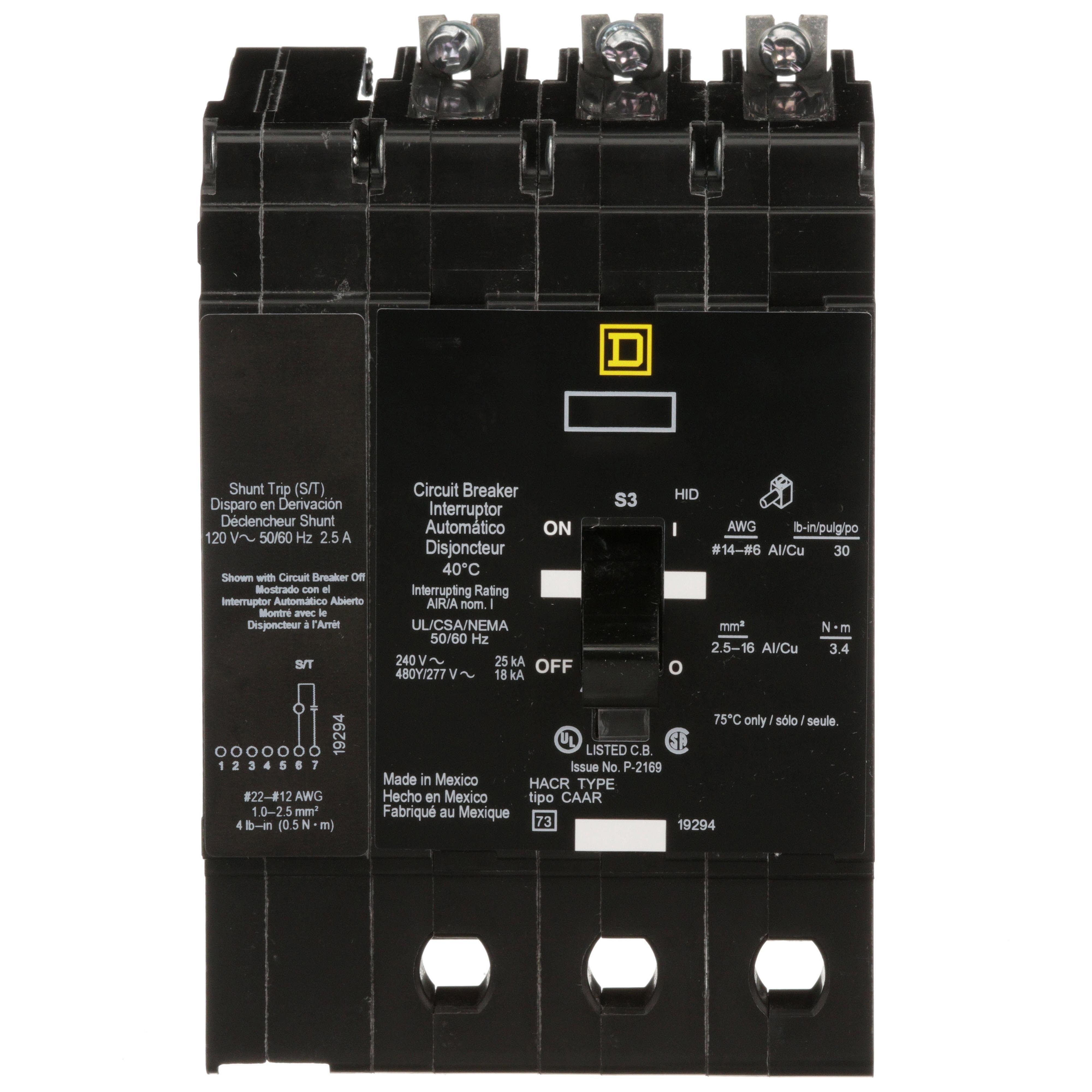 Picture of EDB34060SA - Mini circuit breaker, E-Frame, 60A, 3 pole, 480Y/277VAC, 25kA max, bolt on, shunt trip