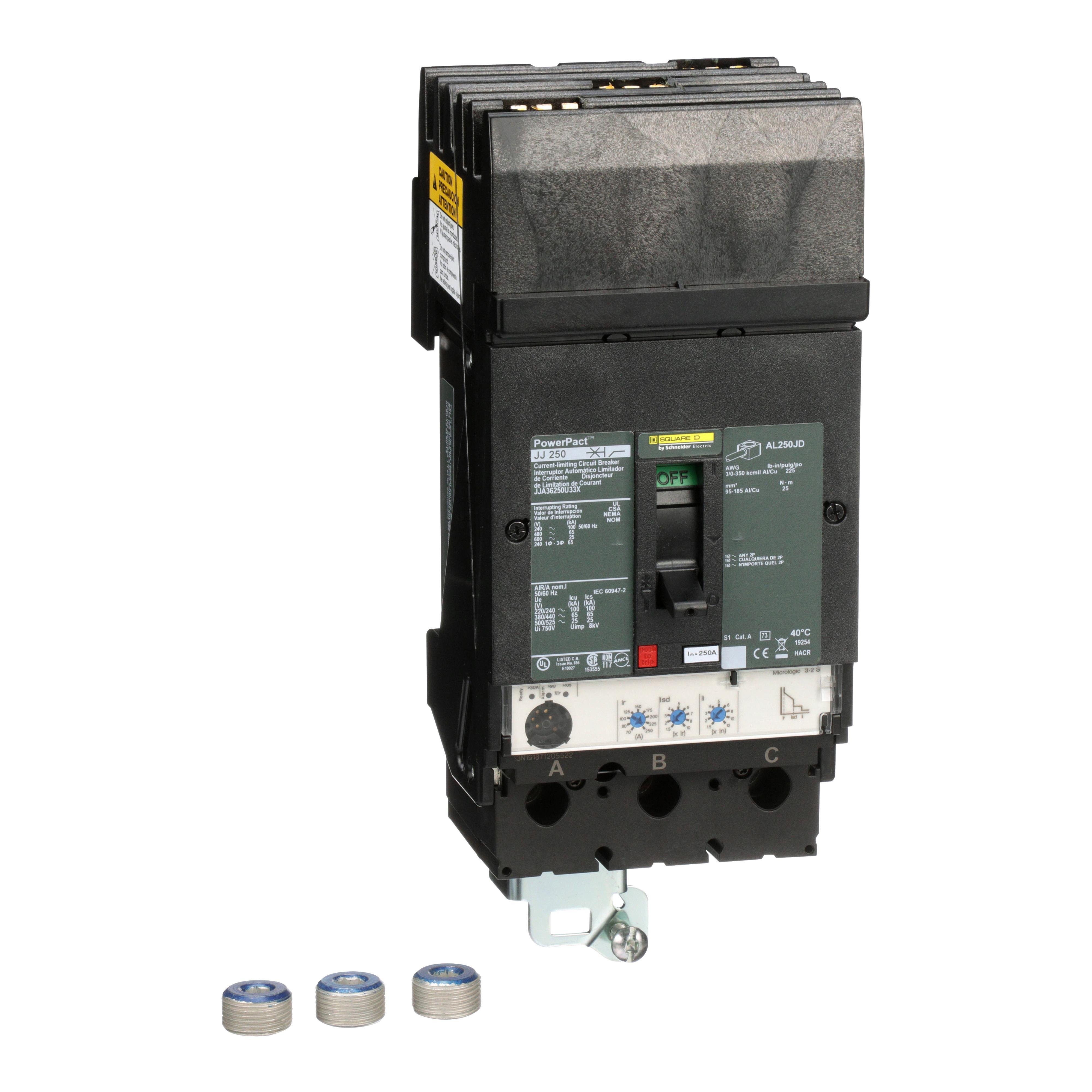 JJA36250U33X - Circuit breaker, PowerPacT J, 250A, 3 pole, 600VAC, 25kA, I-Line, Micrologic 3.2S, 80%, ABC