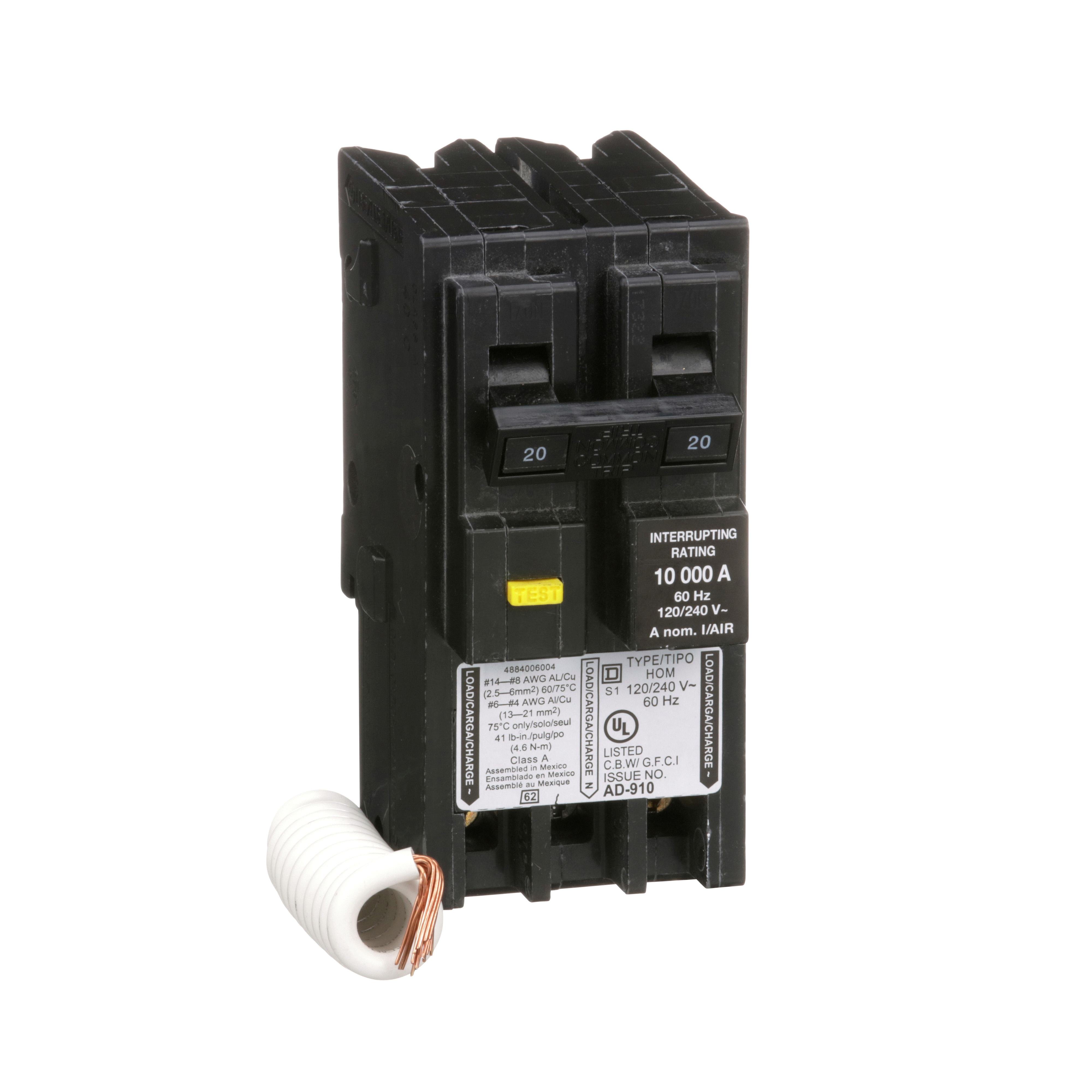 Picture of HOM220GFI - [TAA] Mini circuit breaker, Homeline, 20A, 2 pole, 120/240VAC, 10kA AIR, ground fault class A, plug in, UL