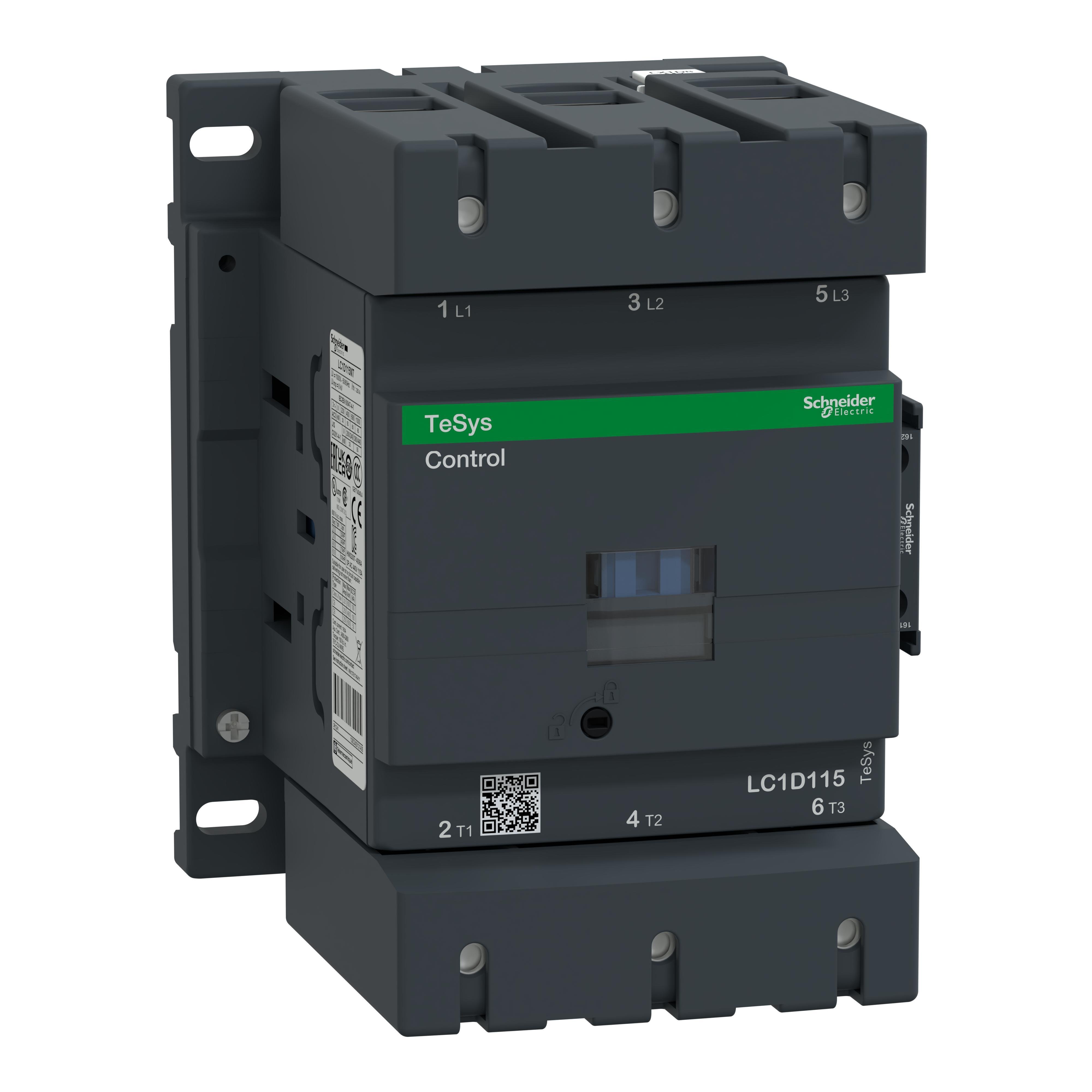LC1D115F7 - IEC contactor, TeSys Deca, nonreversing, 115A, 75HP at 480VAC, up to 100kA SCCR, 3 phase, 3 NO, 110VAC 50/60Hz coil, open