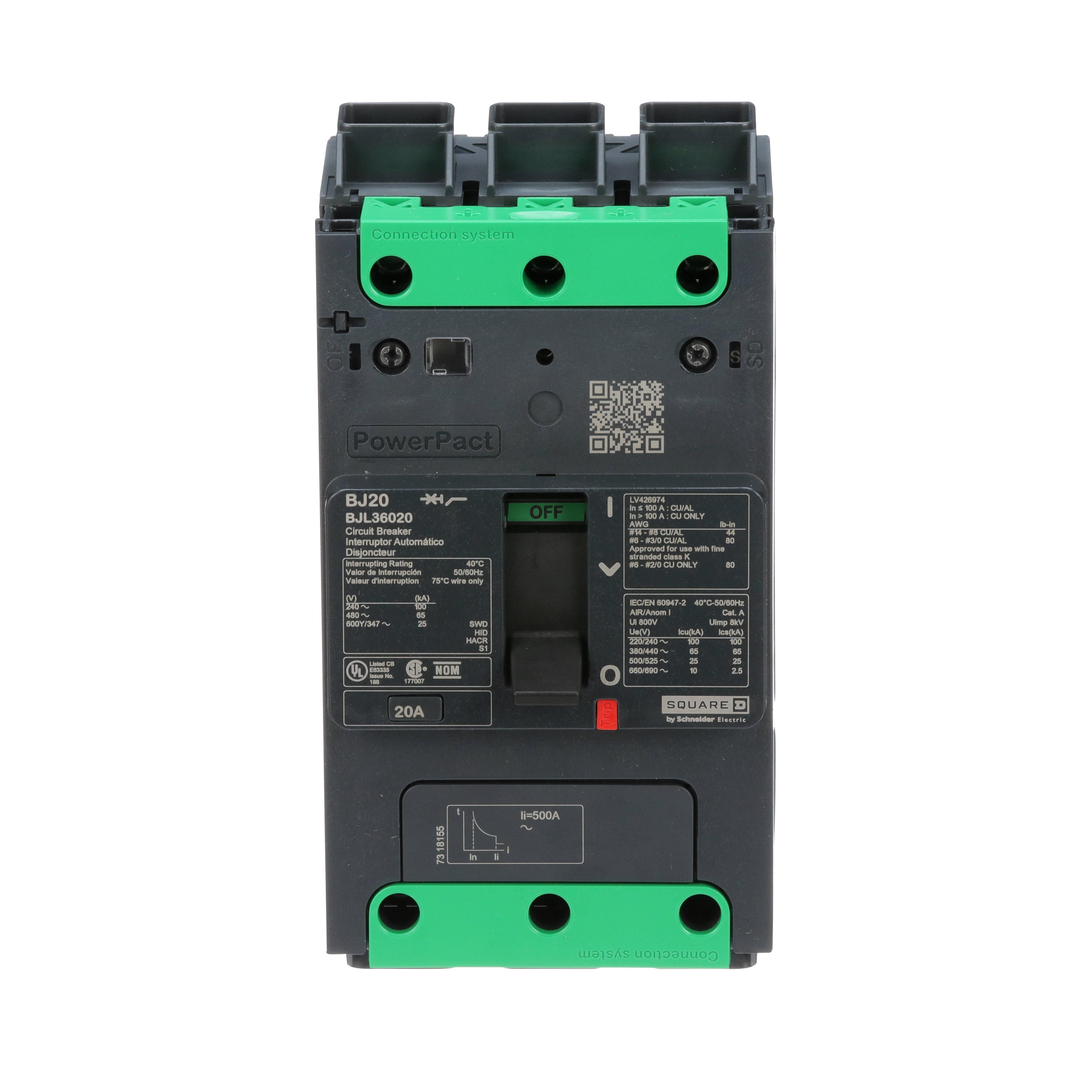 BJL36020 - Circuit breaker, PowerPacT B, 20A, 3 pole, 600Y/347VAC, 25kA, lugs, thermal magnetic, 80%