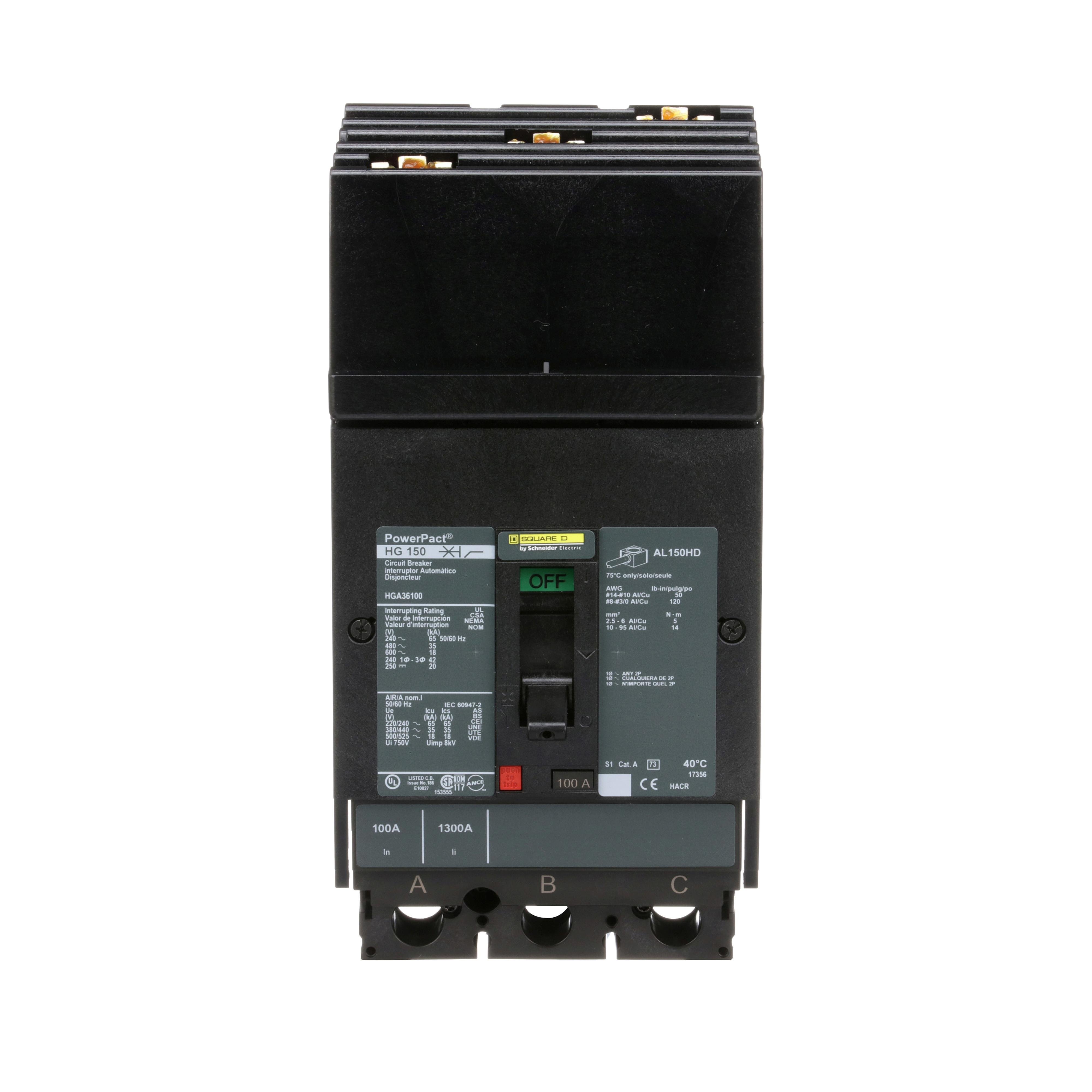 Picture of HGA36100 - Circuit breaker, PowerPacT H, 100A, 3 pole, 600VAC, 18kA, I-Line, thermal magnetic, 80%, ABC