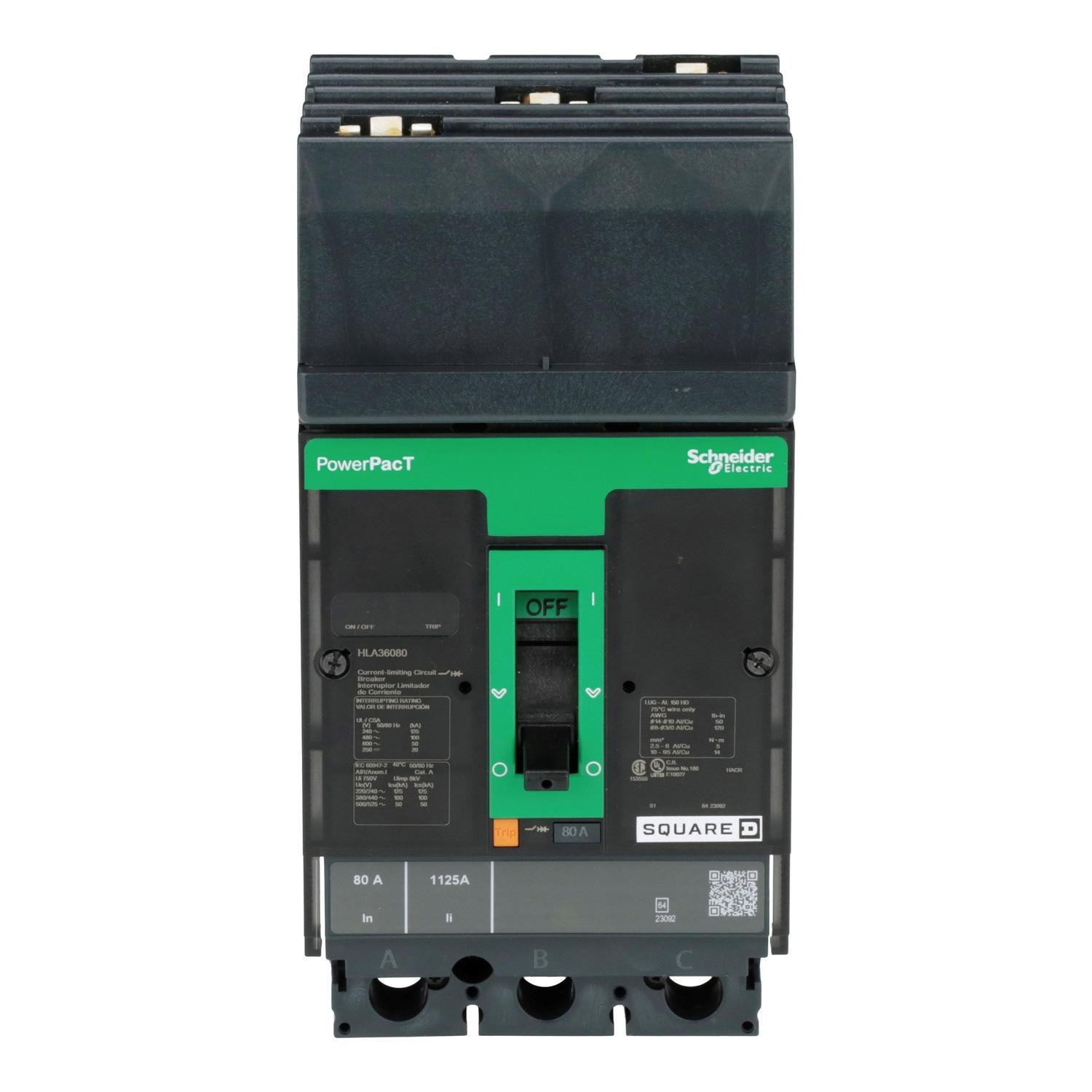 HLA36080 - Circuit breaker, PowerPacT H, 80A, 3 pole, 600VAC, 50kA, I-Line, thermal magnetic, 80%, ABC