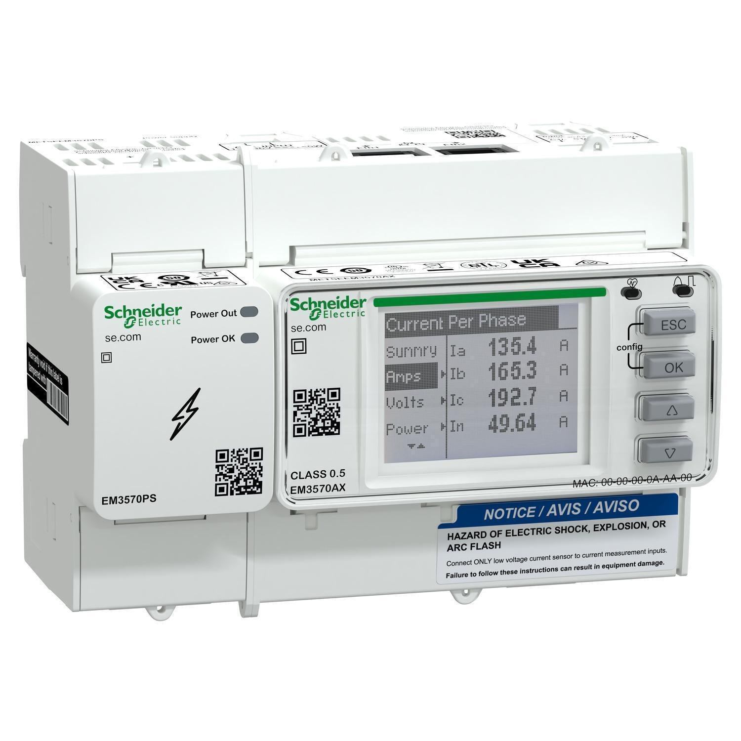 Picture of METSEEM3570A - DIN rail meter, PowerLogic EM3570, Ethernet, LVDC, Rogowski CT input bundled with external Power Supply