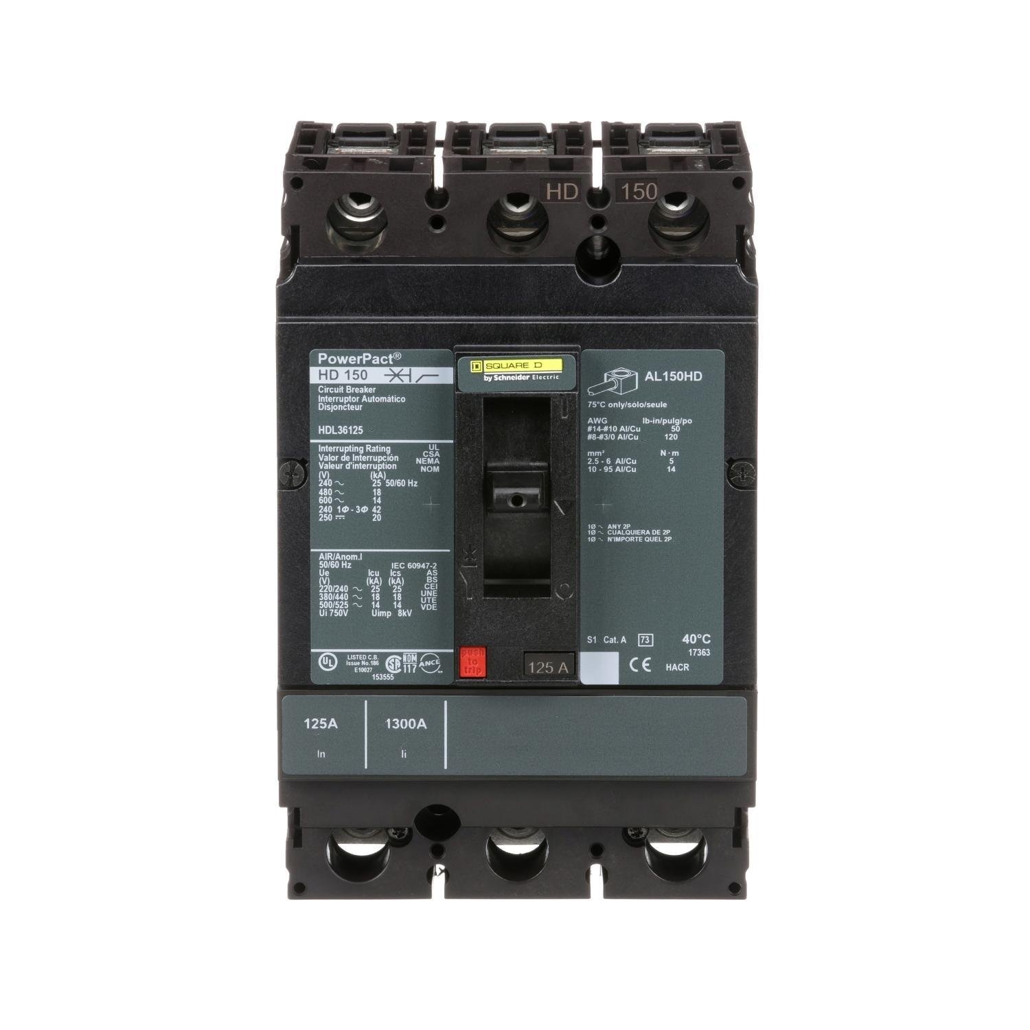 HDL36125 - Circuit breaker, PowerPacT H, 125A, 3 pole, 600VAC, 14kA, lugs, thermal magnetic, 80%