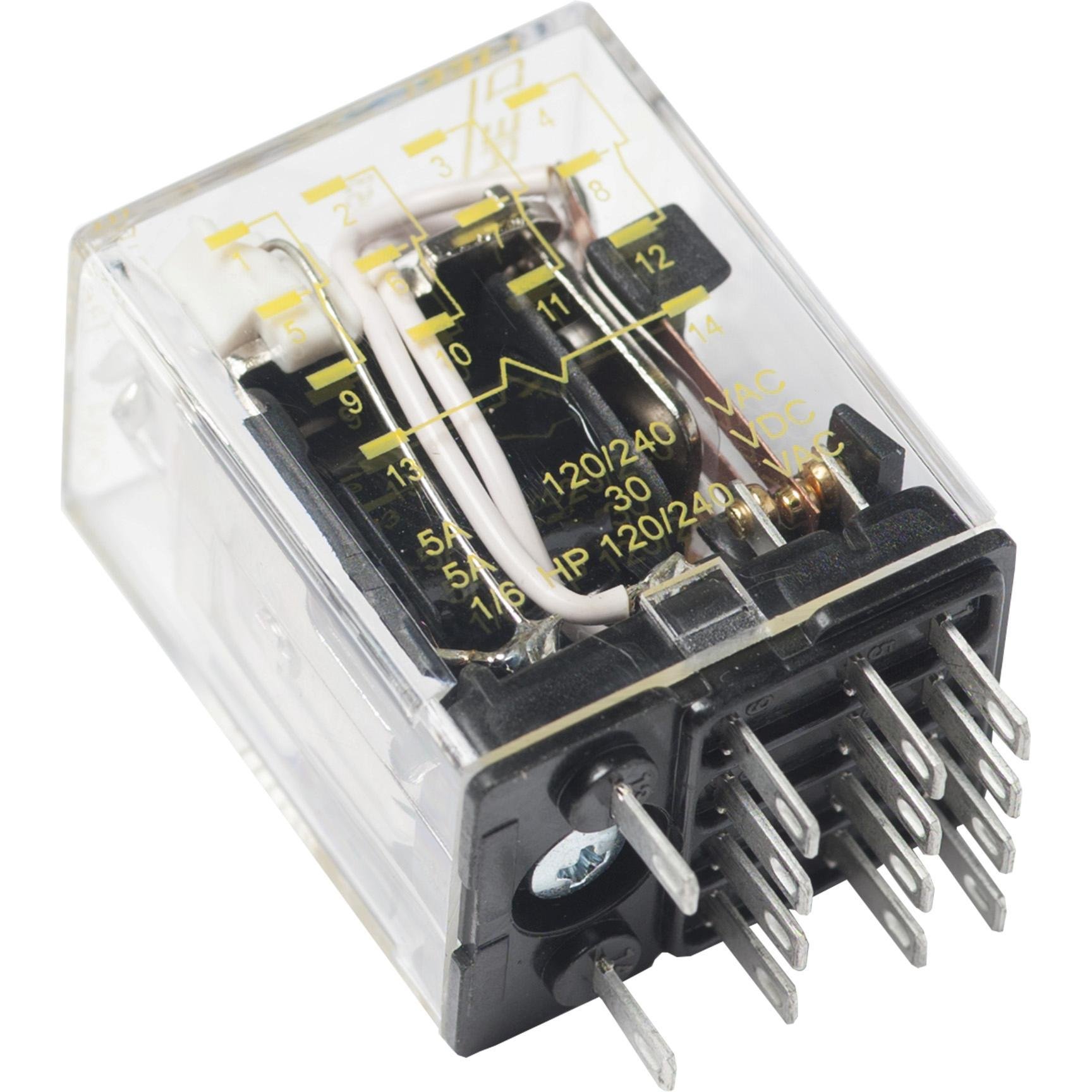 8501RSD14P14V53 - Plug in relay, Type R, miniature, 0.5 HP at 277 VAC, 8A resistive at 120 VAC, 14 blade, 4PDT, 4 NO, 4 NC, 24 VDC coil