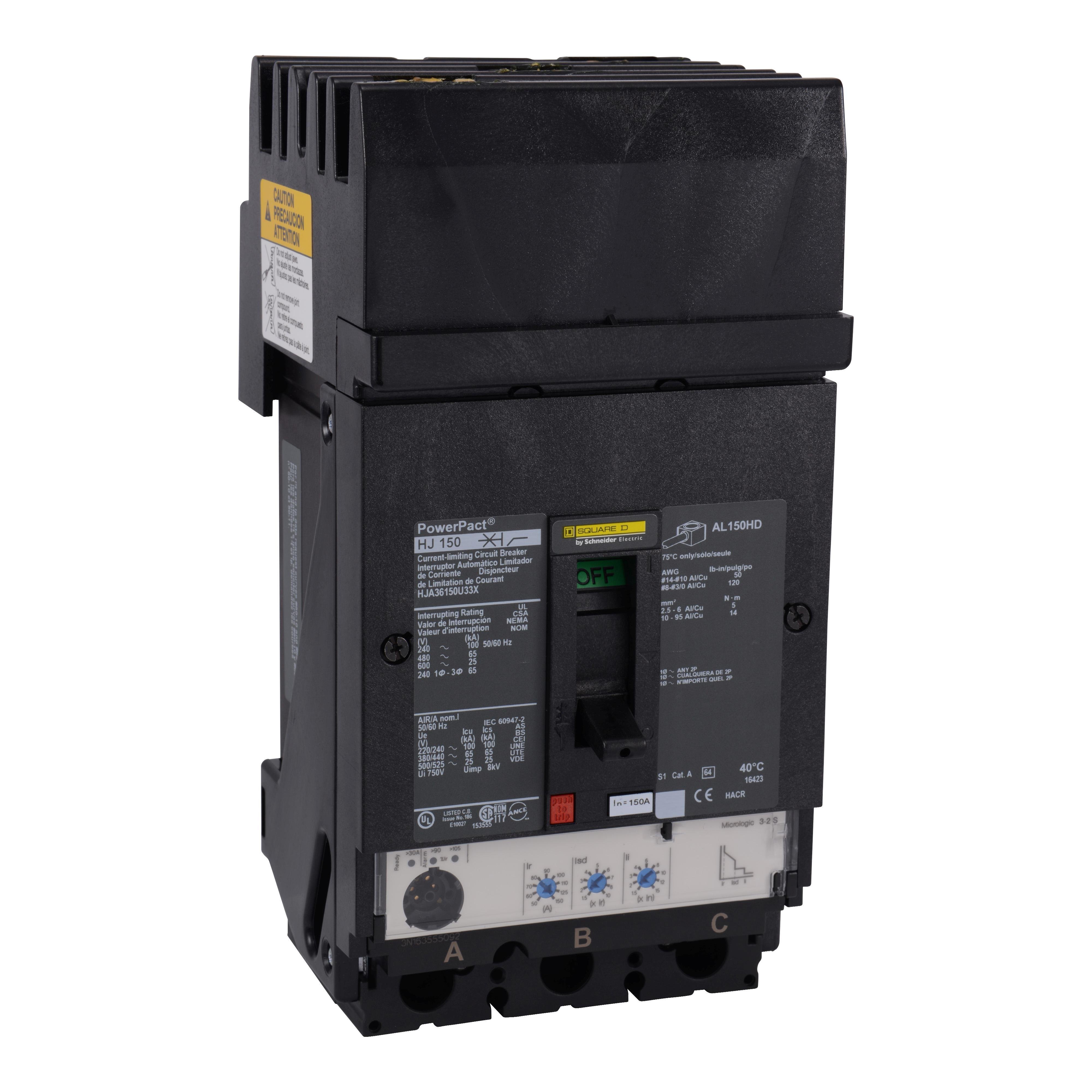 HJA36150U33X - Circuit breaker, PowerPacT H, 150A, 3 pole, 600VAC, 25kA, I-Line, Micrologic 3.2S, 80%, ABC