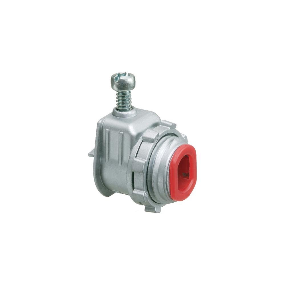 L15A - Zinc die-cast, 1/2" knockout, screw saddle type "Take All" connector for steel and aluminum jacketed cables. Provided with insulated throat. Rectangular end stop. Secures into knockout with locknut.