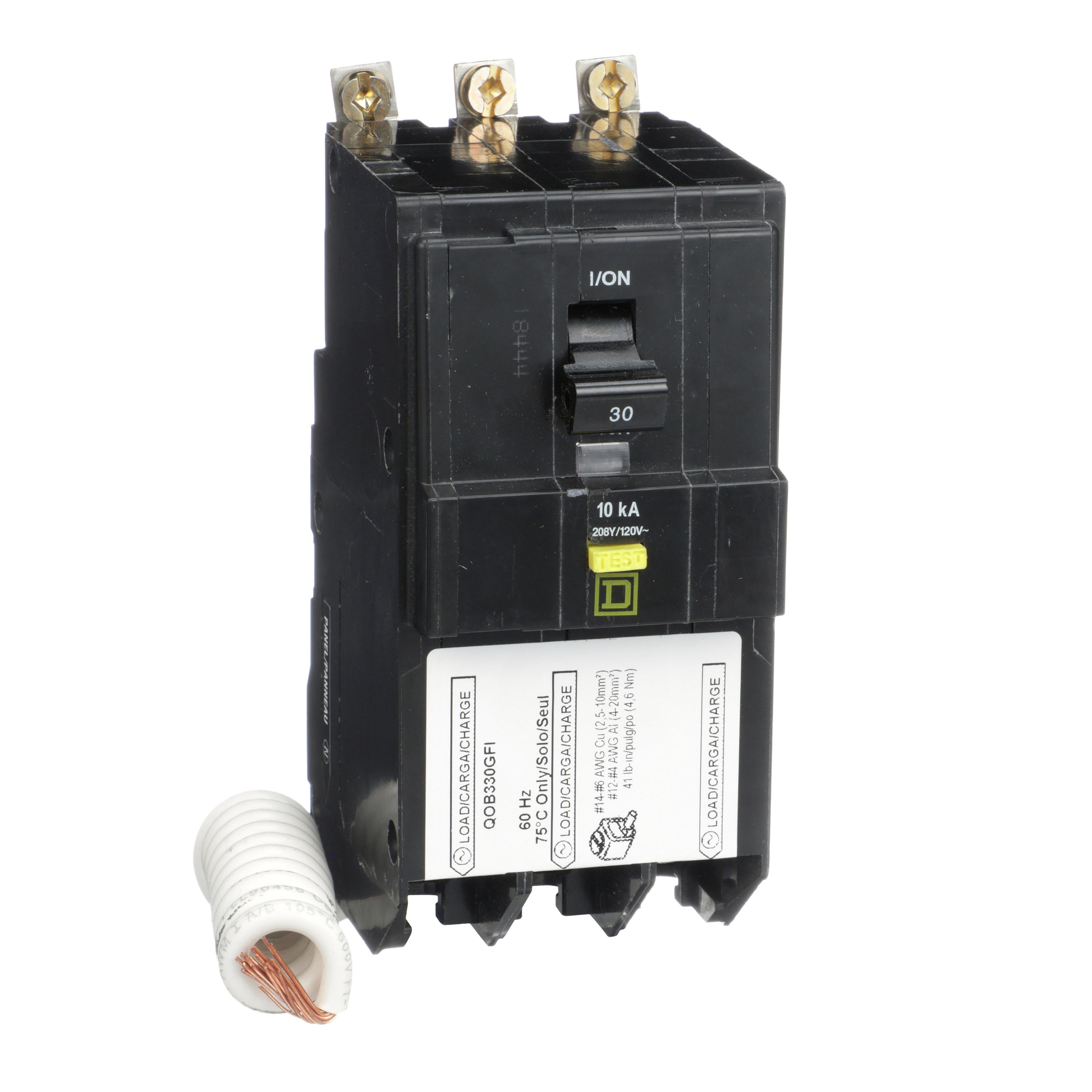QOB330GFI - [TAA] Mini circuit breaker, QO, 30A, 3 pole, 208Y/120VAC, 10kA, bolt on, 6mA grd fault A, pigtail