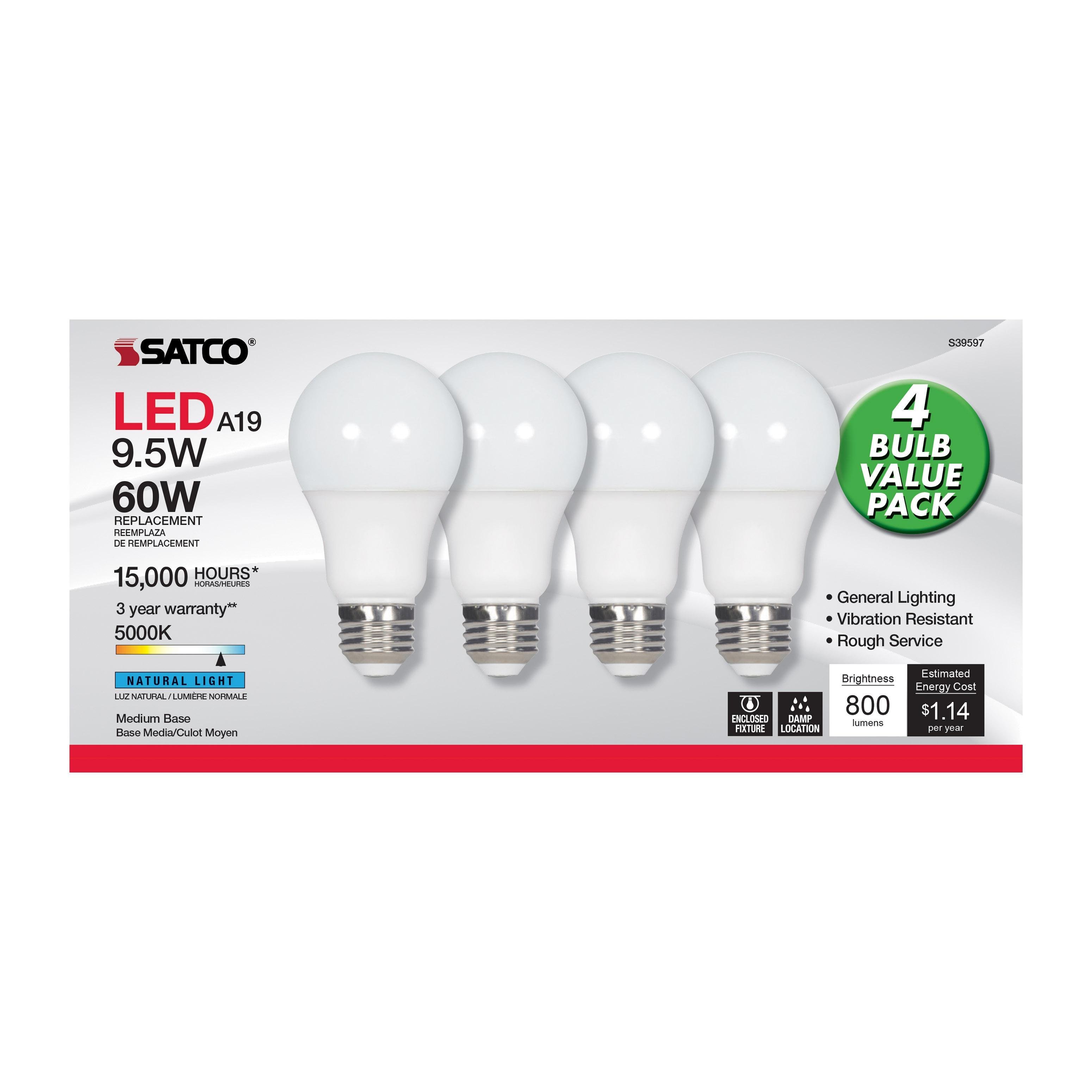 Picture of S39597 - 9.5 Watt - A19 LED - Frost - 5000K - Medium base - 220 deg. Beam Angle - 120 Volt - Non-Dimmable - 4-Pack