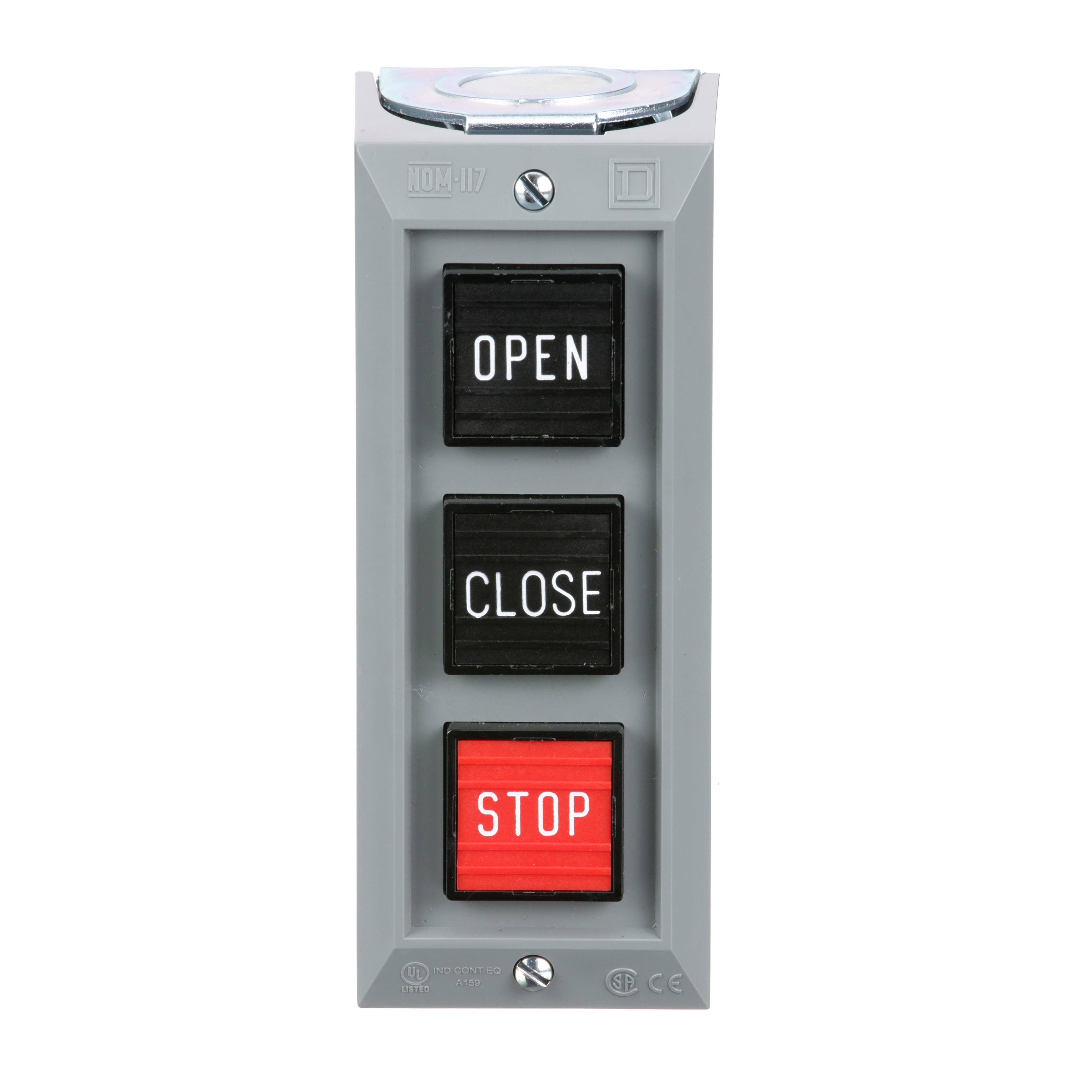 9001BG303 - Complete control station, Harmony 9001B, 3 push buttons  OPEN-CLOSE-STOP, 5A, 600V AC, NEMA 1