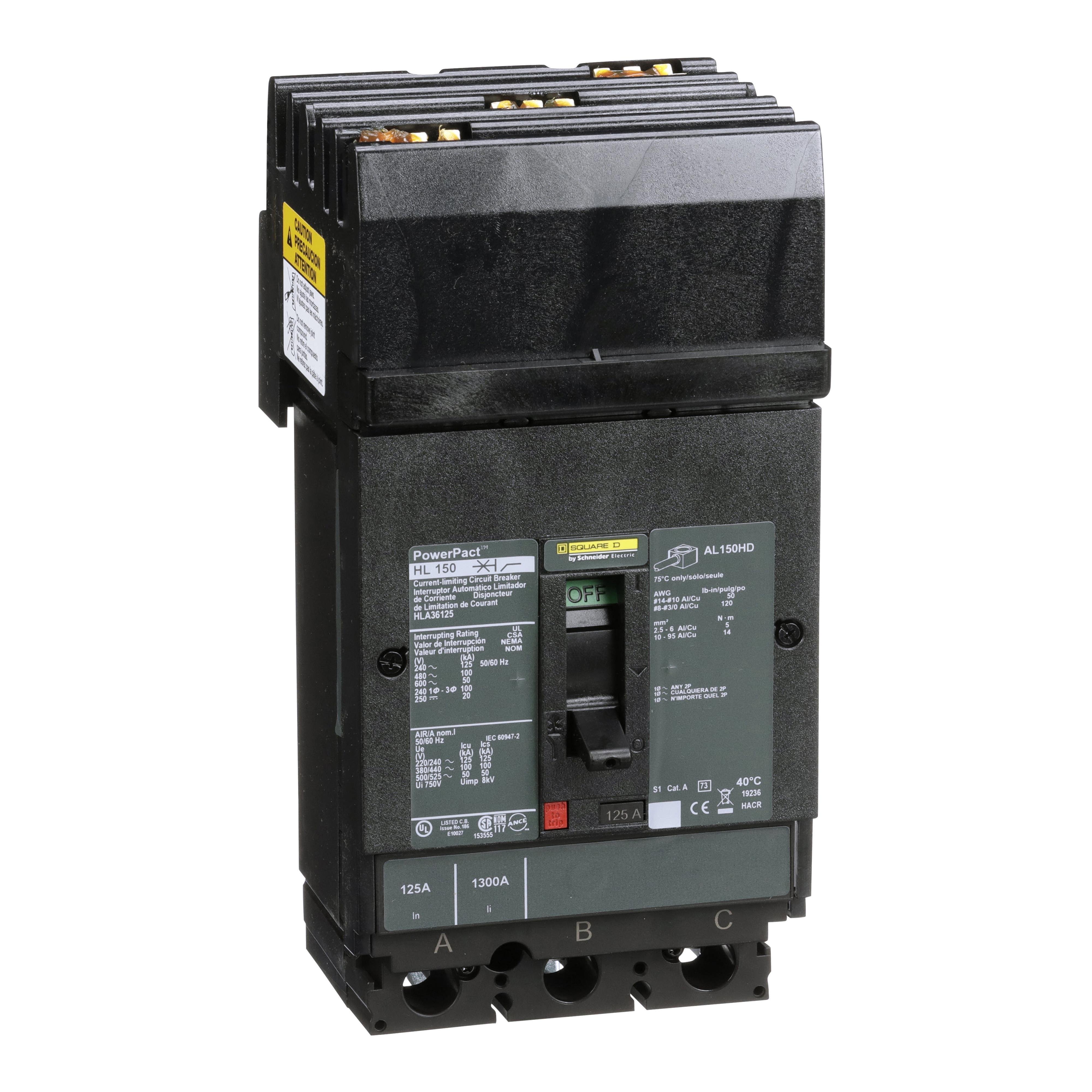 HLA36125 - Circuit breaker, PowerPacT H, 125A, 3 pole, 600VAC, 50kA, I-Line, thermal magnetic, 80%, ABC