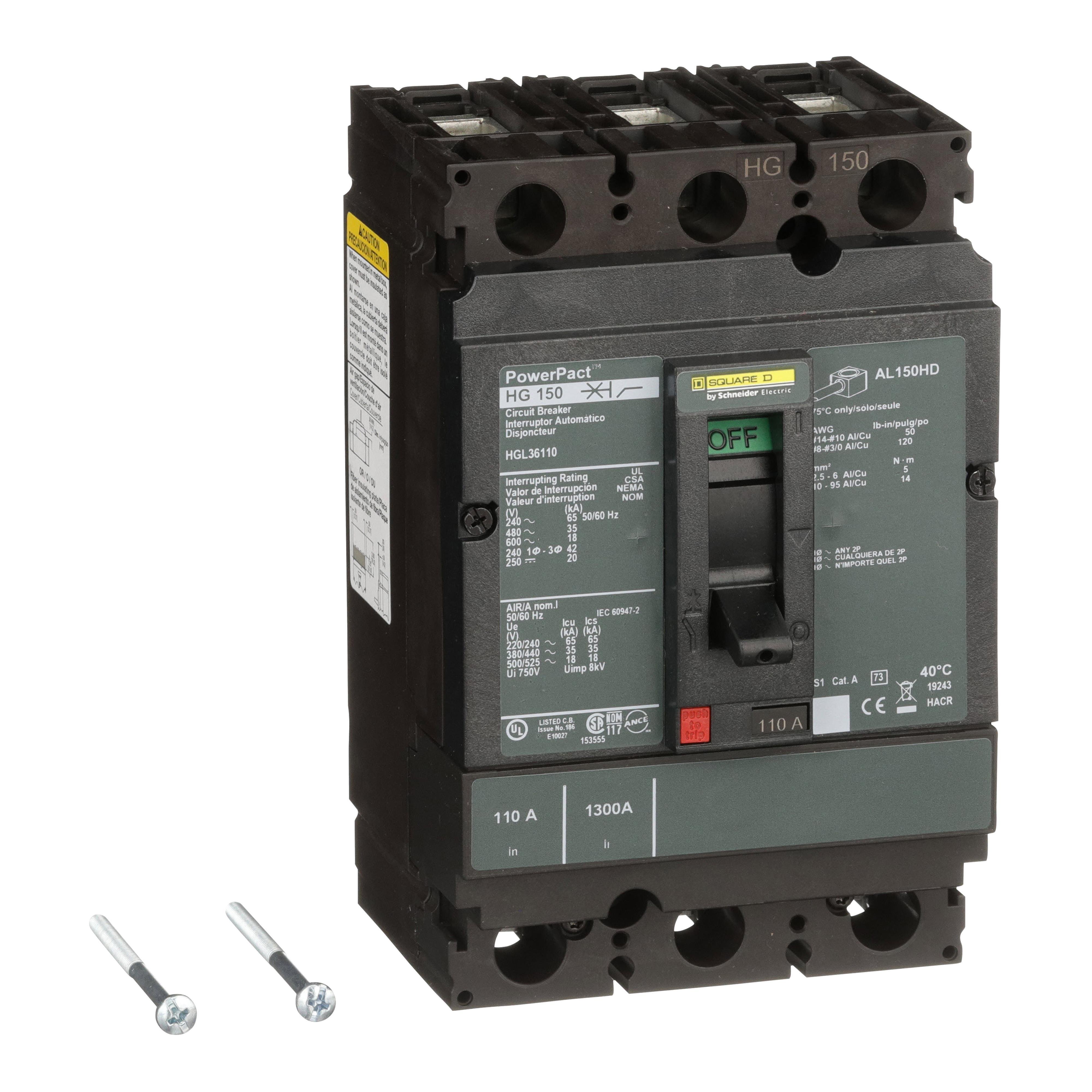 HGL36110 - Circuit breaker, PowerPacT H, 110A, 3 pole, 600VAC, 18kA, lugs, thermal magnetic, 80%